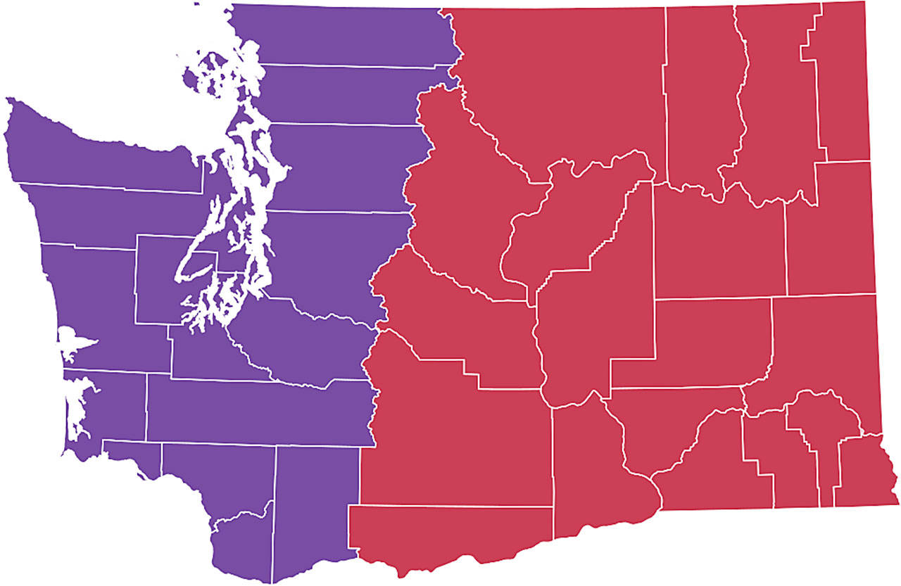 Courtesy the Statesman Examiner A proposal at the Legislature would split Washington into two states along the Cascades.