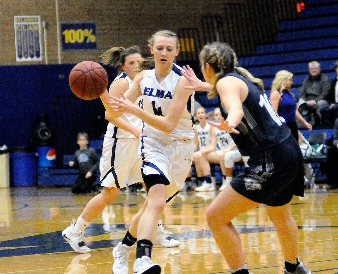 Elma point guard Jillian Bieker, left, makes a pass against Northwest Christian in the 1A District IV championship game on Feb. 16. Elma opens 1A State Tournament play against Overlake on Wednesday at the SunDome in Yakima. (Hasani Grayson | Grays Harbor News Group)