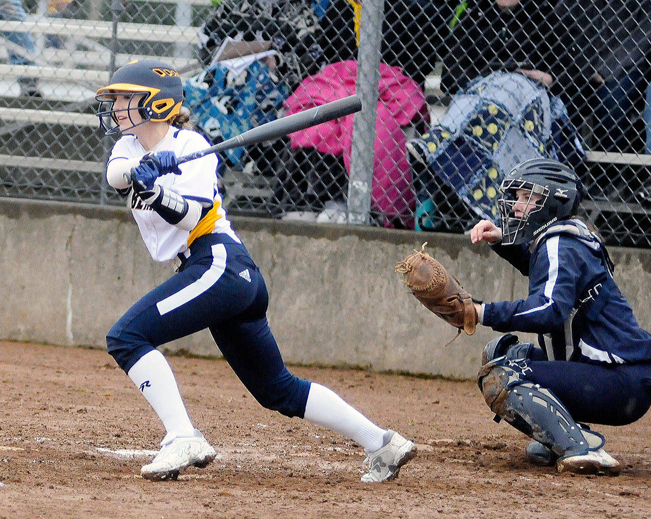 Aberdeen’s Logan Glanz drives in a run with ground ball in the second inning against River Ridge. (Hasani Grayson | Grays Harbor News Group)                                Aberdeen’s Logan Glanz drives in a run with ground ball in the second inning against River Ridge. (Hasani Grayson | Grays Harbor News Group)