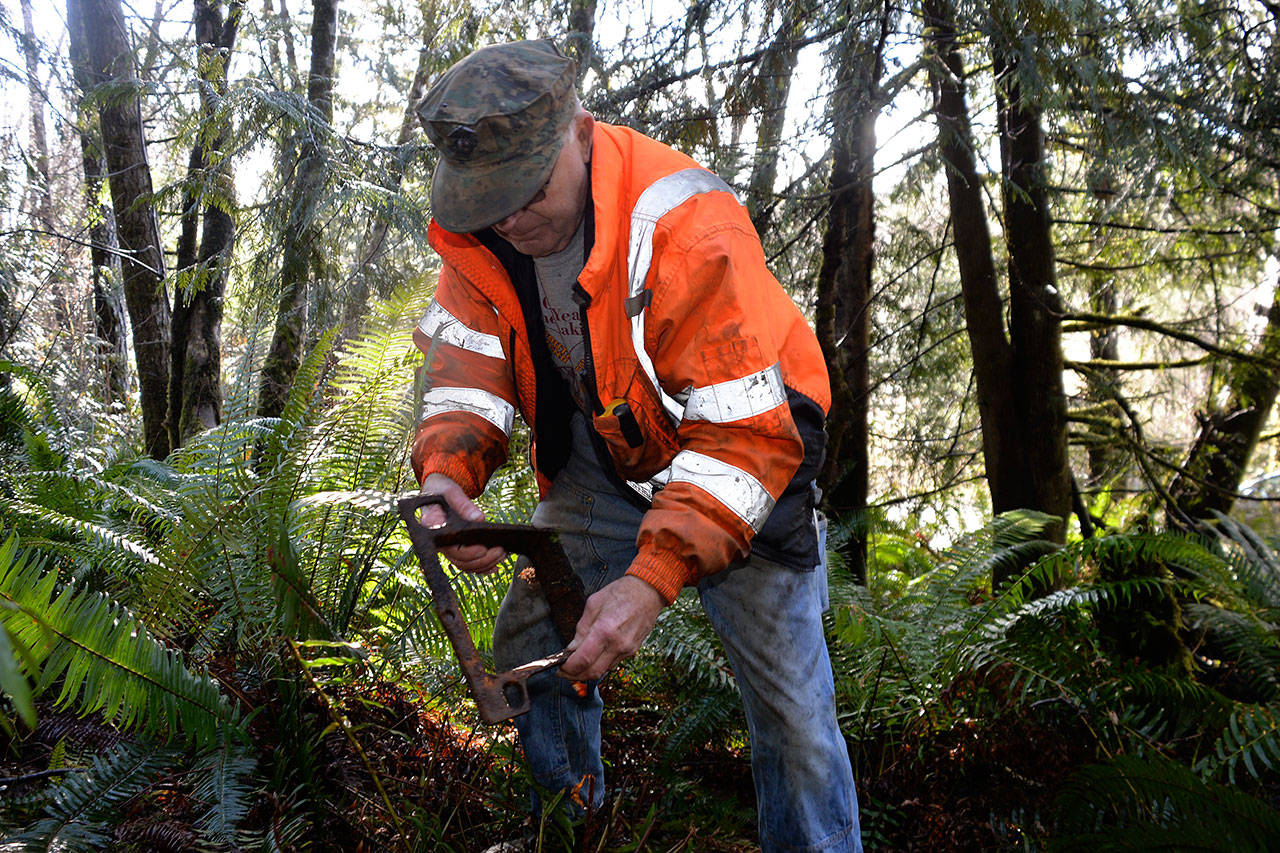 Louis Krauss | Grays Harbor News Group                                Don Corcoran holds up a piece of an old oven he found at a property next to his own. He had thought it was the burial site of Lum You.