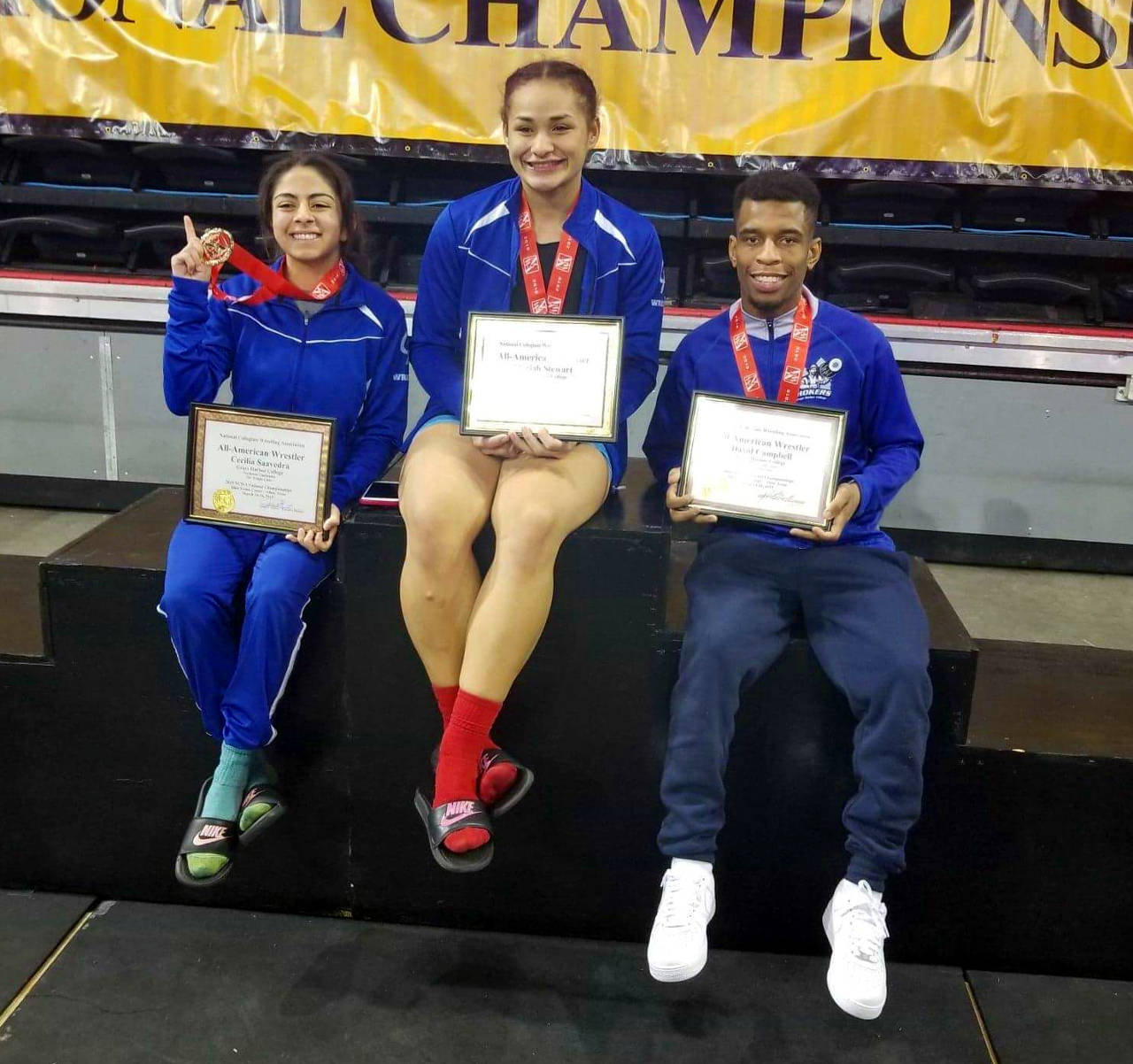 Grays Harbor College’s 2019 NCWA National Champions (from left): Ceci Saavedra, Mariah Stewart and David Campbell. (Submitted Photo)