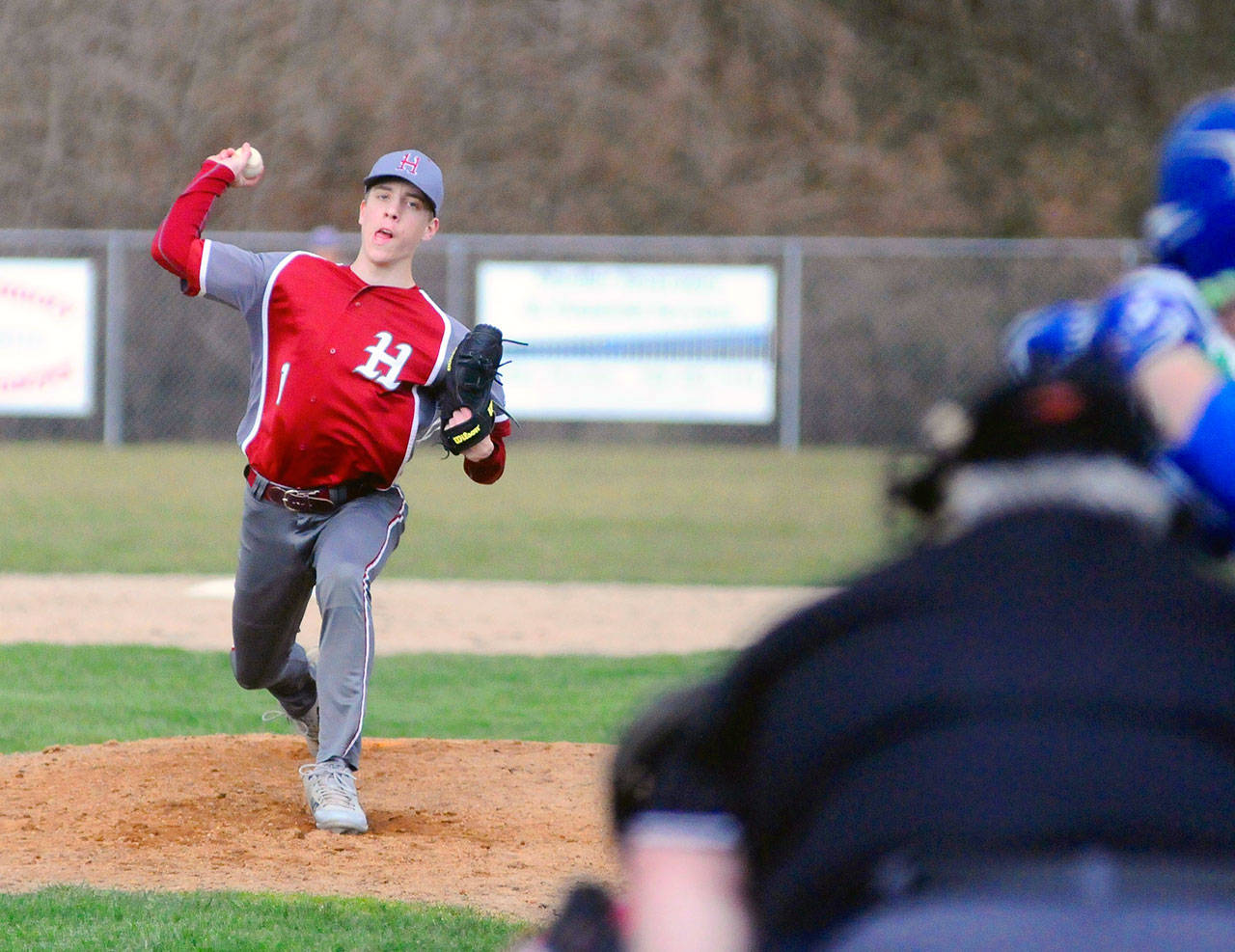 Hoquiam’s Zach Elsos delivers a pitch in the third inning of a game at Elma. Elsos was credited with the win in Hoquiam’s 6-2 victory over the Eagles on Friday. (Hasani Grayson | Grays Harbor News Group)