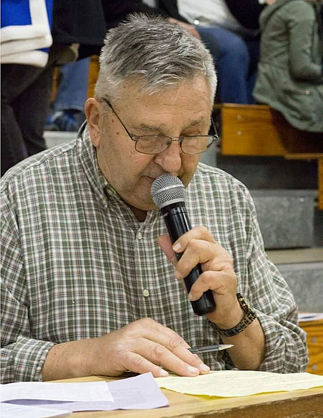 Known as the “Voice of the Eagles,” Elma High School public address announcer Jack Prince called Eagles football and basketball games for 55 years. Prince passed away on March 26. (Submitted photo)