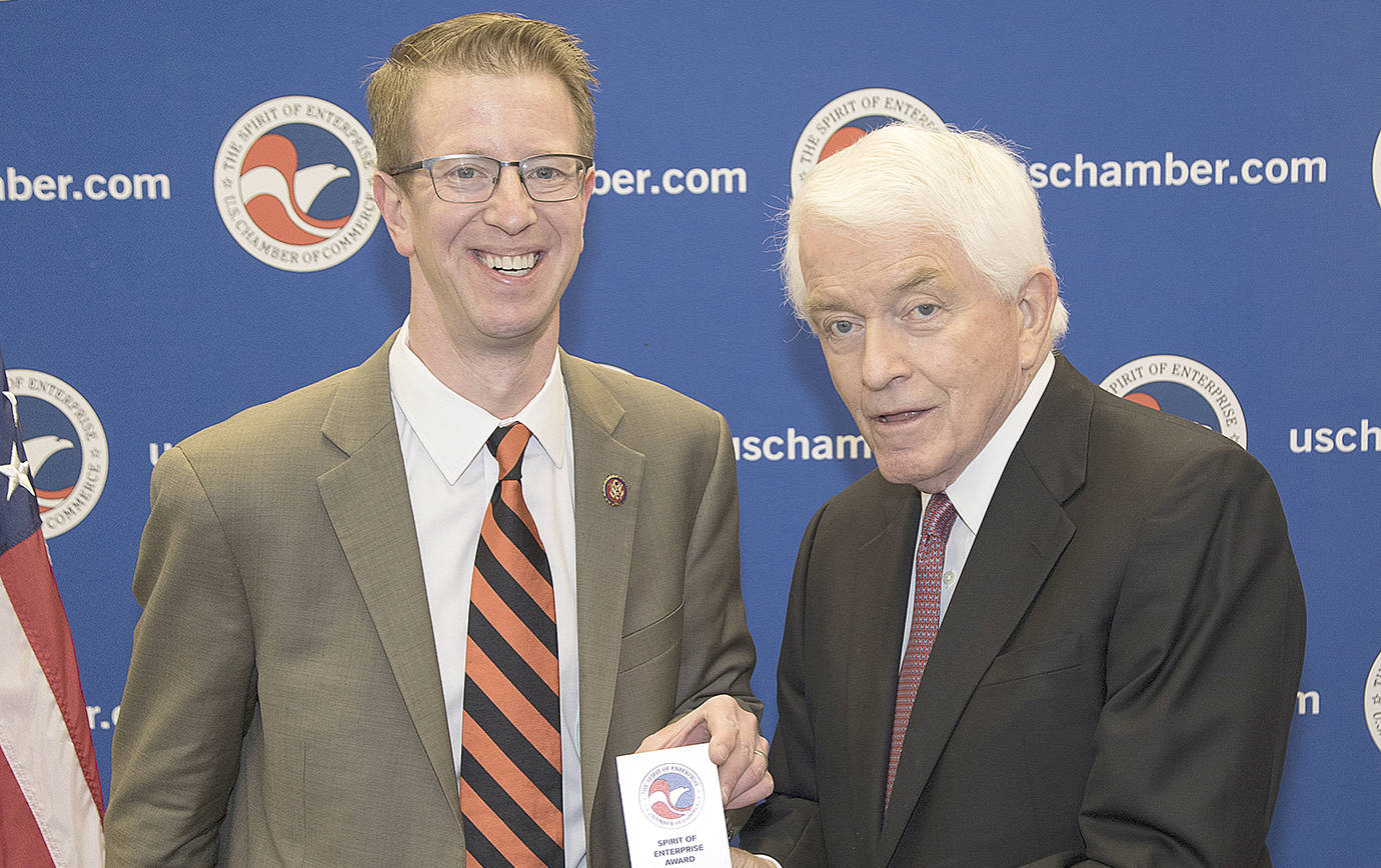 Ian Wagreich | U.S. Chamber of Commerce                                Congressman Derek Kilmer, left, accepts the Spirit of Enterprise Award April 4 from U.S. Chamber of Commerce President and CEO Thomas J. Donohue.