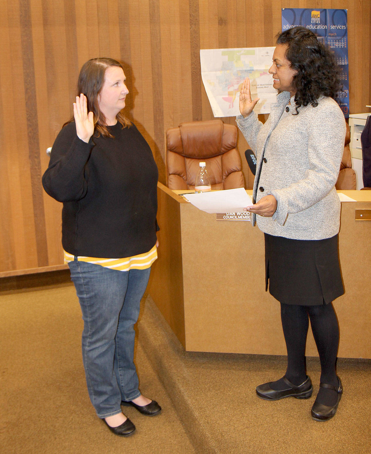New Montesano City Council Member Megan Valentine (left) is sworn in by Mayor Vini Salmuel after being unanimously selected by the council to fill Robert Hatley’s Position 5 seat at the Tuesday, April 9, 2019, meeting at City Hall in Montesano, Washington. (Michael Lang | Grays Harbor News Group)