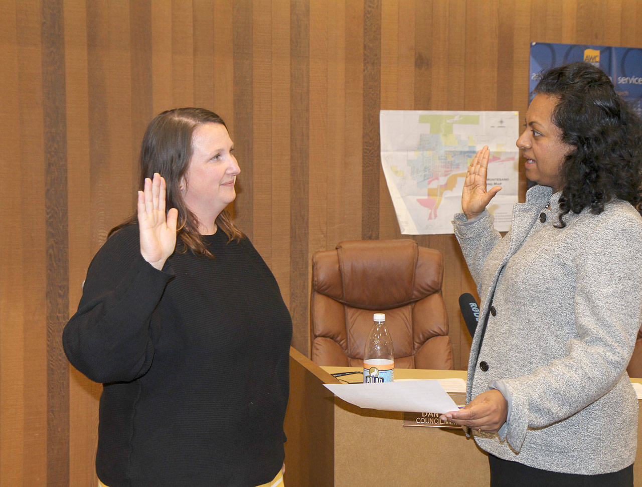 New Montesano City Council Member Megan Valentine (left) is sworn in by Mayor Vini Salmuel after being unanimously selected by the council to fill Robert Hatley’s Position 5 seat at the Tuesday, April 9, 2019, meeting at City Hall in Montesano, Washington. (Michael Lang | Grays Harbor News Group)