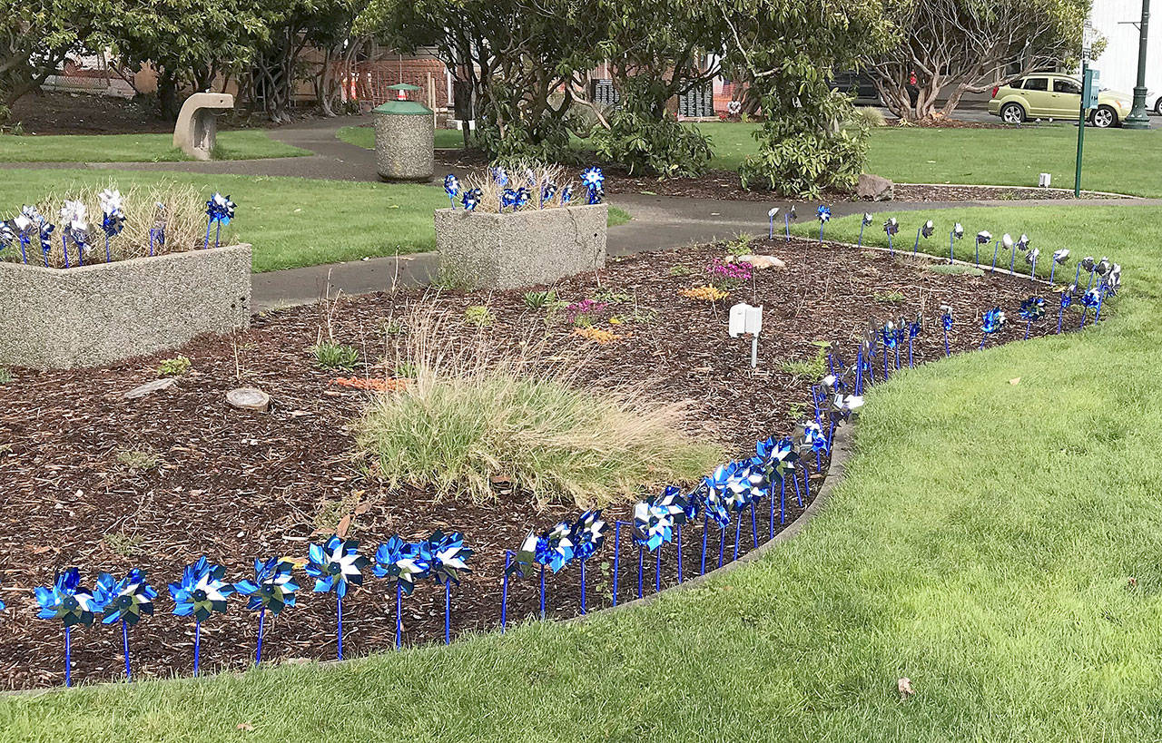 Pinwheels like Fleet Park last year in Montesano in an effort to promote prevention of child abuse and child trauma. Connections (formerly the Children’s Advocacy Center of Grays Harbor) will set up another display beginning at 3:30 p.m. April 22 in the park at Fleet Street and Pioneer Avenue. The public is encouraged to come help and learn more about the prevention of child abuse. Photo courtesy Nickie Gill | Connections
