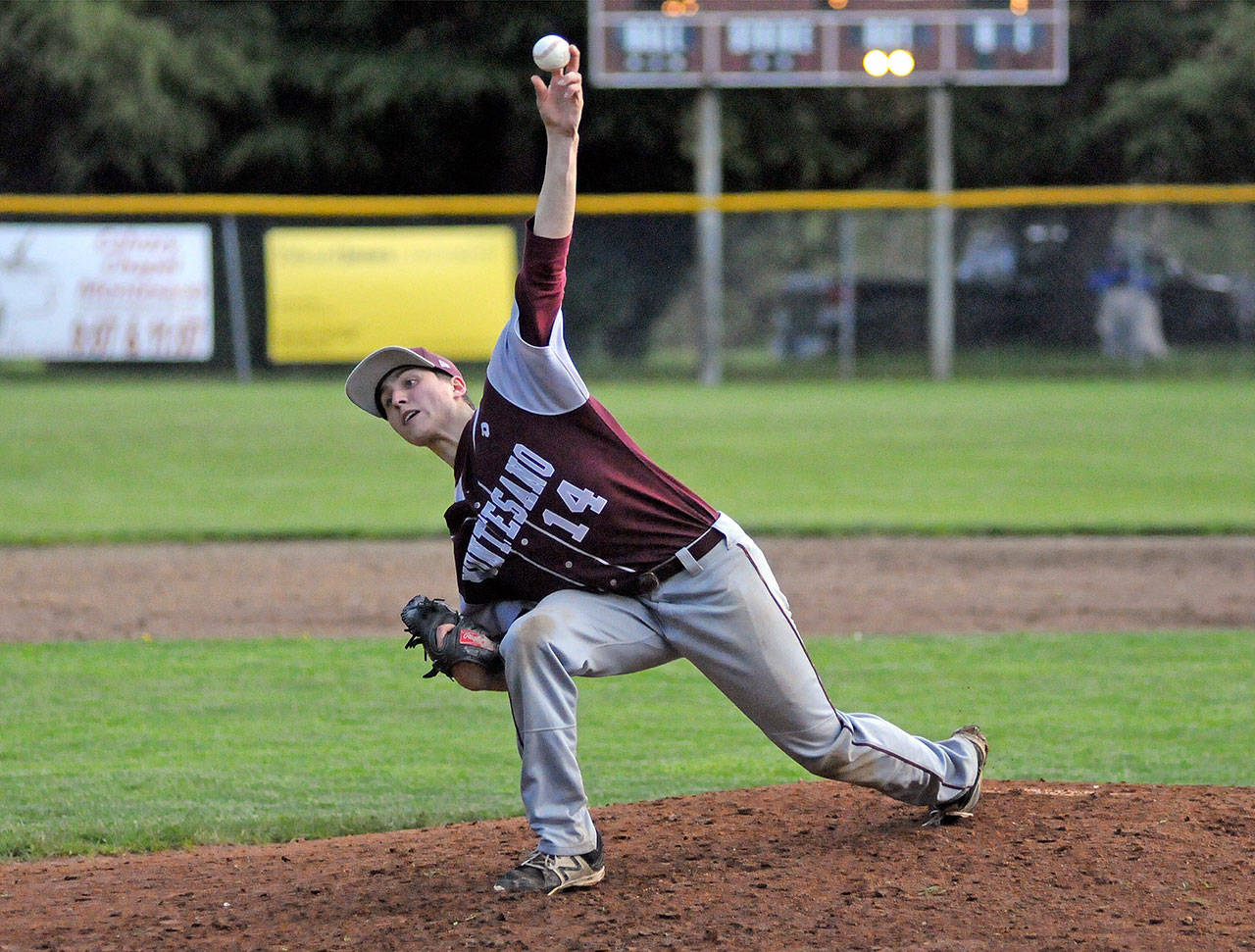 Montesano starting pitcher Cyrus Parsons throws a pitch during Wednesday’s 9-2 victory over Forks at Vessey Field. Parson earned the win, allowing two earned runs in 3 2/3 innings of work. (Ryan Sparks | Grays Harbor News Group)