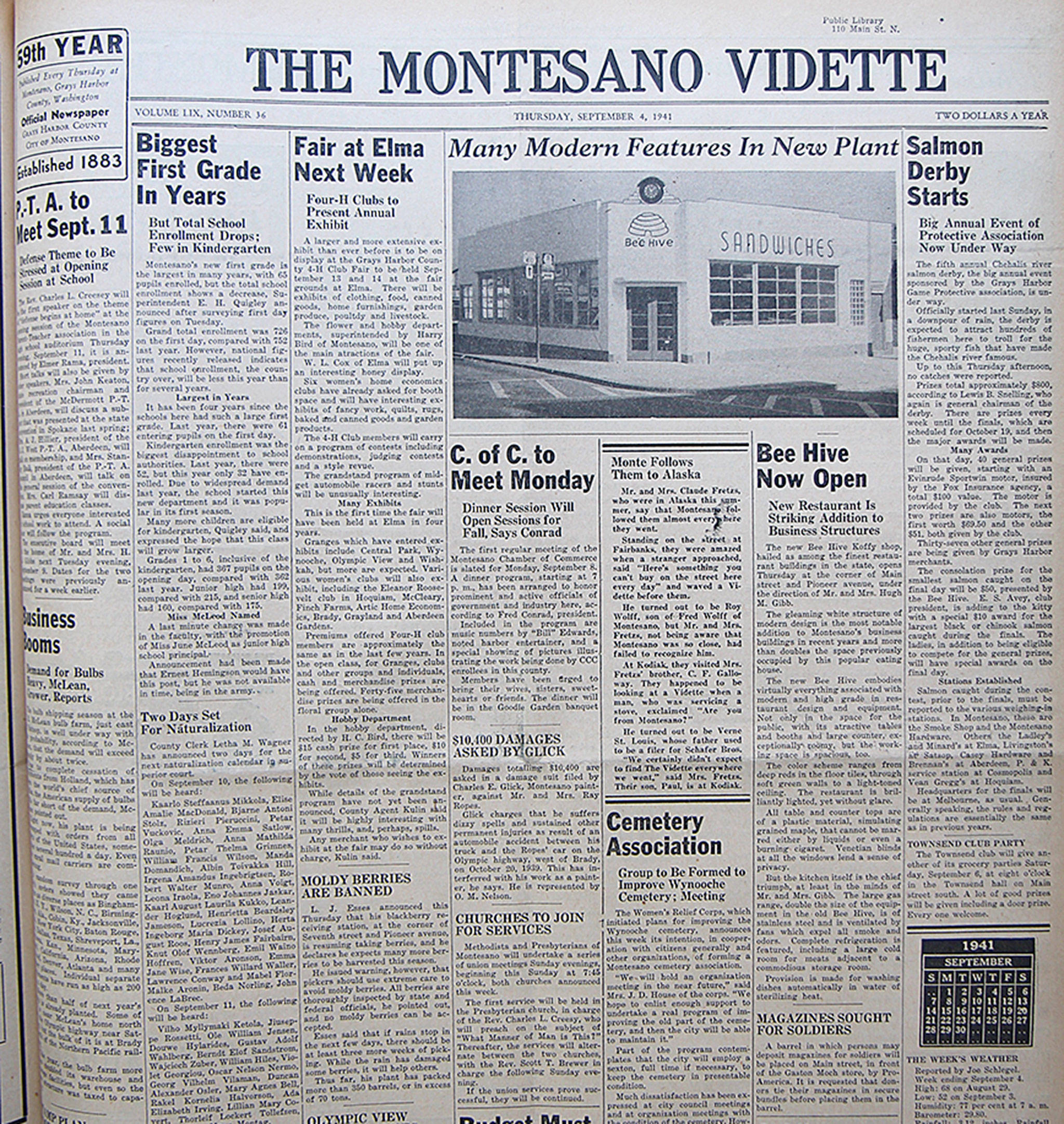 The Sept. 4, 1941, edition of The Vidette has a picture of the new Bee Hive Koffy shop, which opened that week in the new building. It’s the same location The Bee Hive Restaurant is today, 300 S. Main St in Montesano.