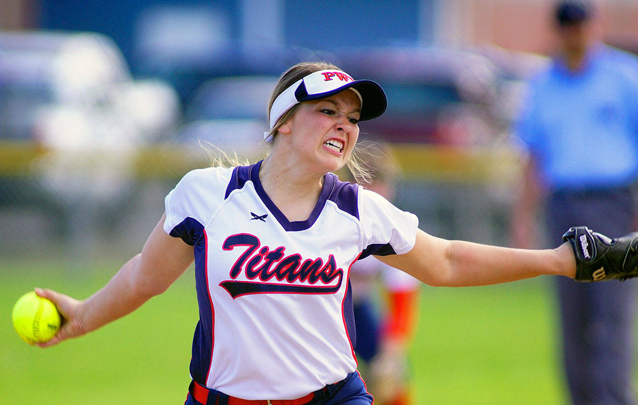 PWV pitcher Kamryn Adkins throws a pitch during a doubleheader against Ilwaco on Tuesday. Adkins lead PWV to a 15-0 win in Game 1. (Robert Hilson | The Chronicle)