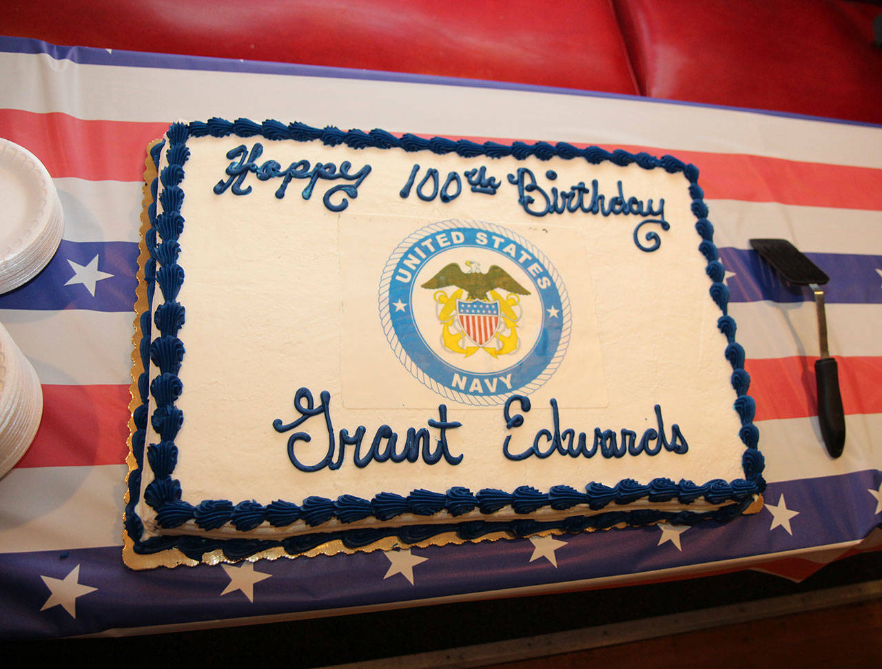 Members of the Montesano Veterans of Foreign Wars post celebrated Grant Edwards’ 100th birthday Saturday, May 4, in Montesano. Edwards, who lives in Aberdeen, is a lifetime member of the Monte VFW post. Edwards was born May 3, 1919, in Great Falls, Montana. He enlisted in the U.S. Navy on Dec. 11, 1939. During his 20-year Navy career, Edwards was stationed in San Diego, where he was in Hospital Corps School; Bremerton; aboard the USS Hendry attack transport; Aberdeen; Camp Pendleton, California; and in El Toro, California. He transferred to the Navy Reserve on Aug. 1, 1960.