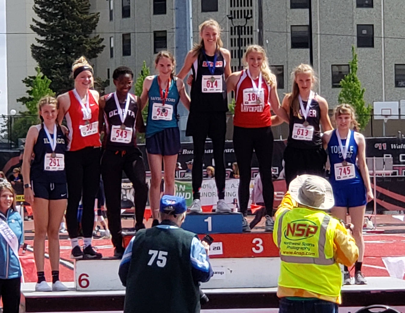 (Submitted photo) Raymond’s Kyra Gardner stands atop the podium after winning the 2B State championship in the high jump on Saturday at Eastern Washington University in Cheney.