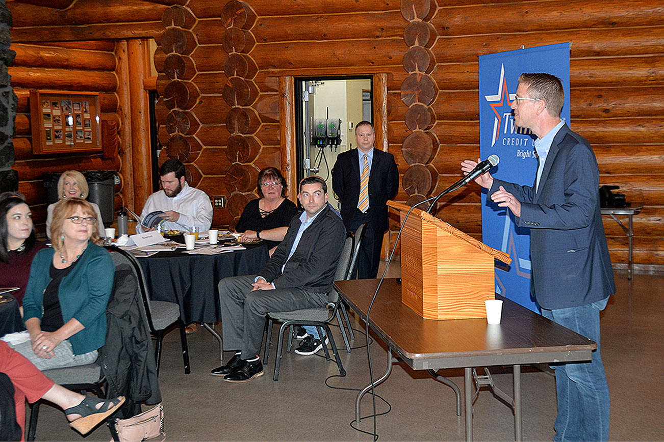 Louis Krauss | Grays Harbor News Group                                Congressman Derek Kilmer discusses the local economy at last Friday’s State of Grays Harbor Presentation at Aberdeen’s Rotary Log Pavilion.