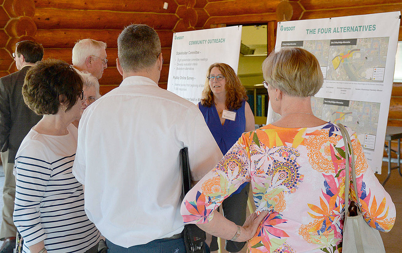 DAN HAMMOCK | GRAYS HARBOR NEWS GROUP                                State Department of Transportation Multimodal Development Manager Theresa Turpin talks to attendees of a June 12 open house about the preferred option for the replacement of the Heron Street Bridge in Aberdeen.