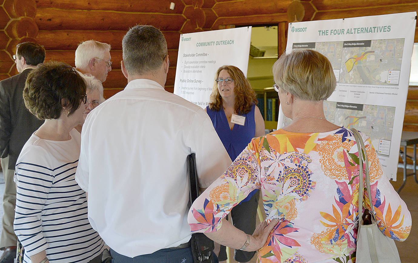 DAN HAMMOCK | GRAYS HARBOR NEWS GROUP                                State Department of Transportation Multimodal Development Manager Theresa Turpin talks to attendees of a June 12 open house about the preferred option for the replacement of the Heron Street Bridge in Aberdeen.