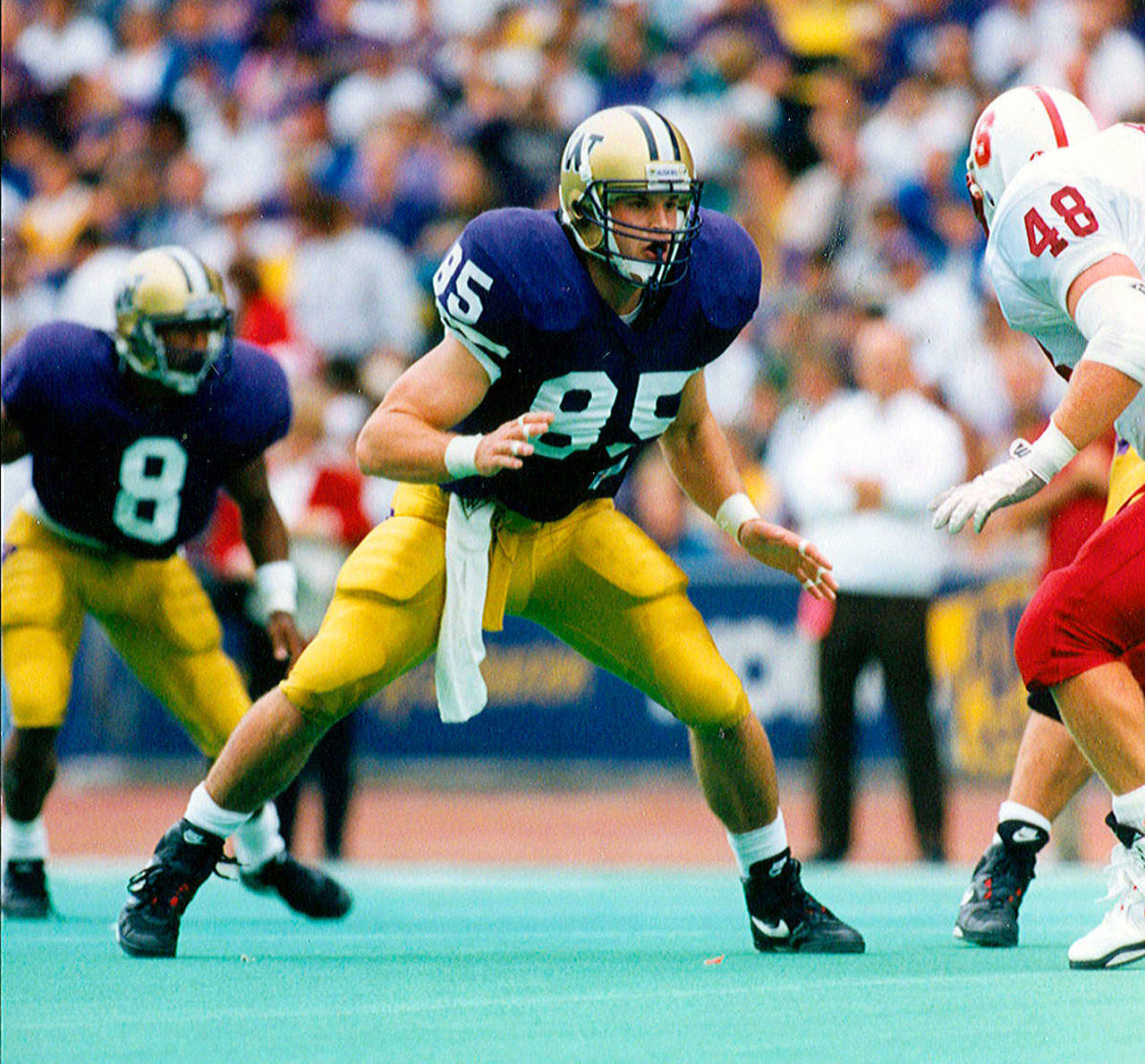 University of Washington tight end Mark Bruener plays against Stanford during his college career. The Aberdeen native and 13-year NFL veteran will be inducted into the Pacific Northwest Hall of Fame on July 25. (Photo Courtesy of University of Washington)