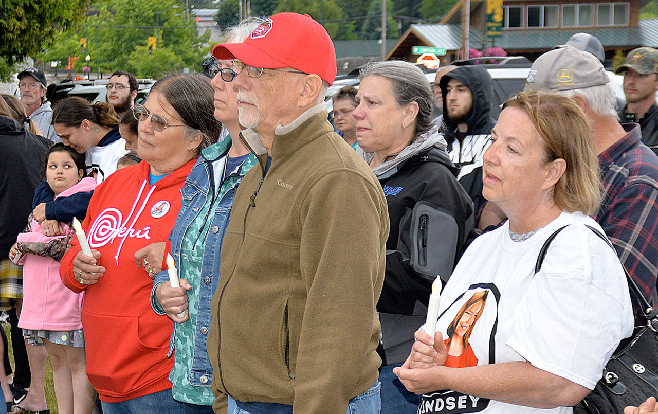 DAN HAMMOCK | GRAYS HARBOR NEWS GROUP                                Dozens of community members attended the dedication of the Lindsey Baum remembrance garden Wednesday at Beerbower Park in McCleary. Wednesday was the 10-year mark of Lindsey’s disappearance.