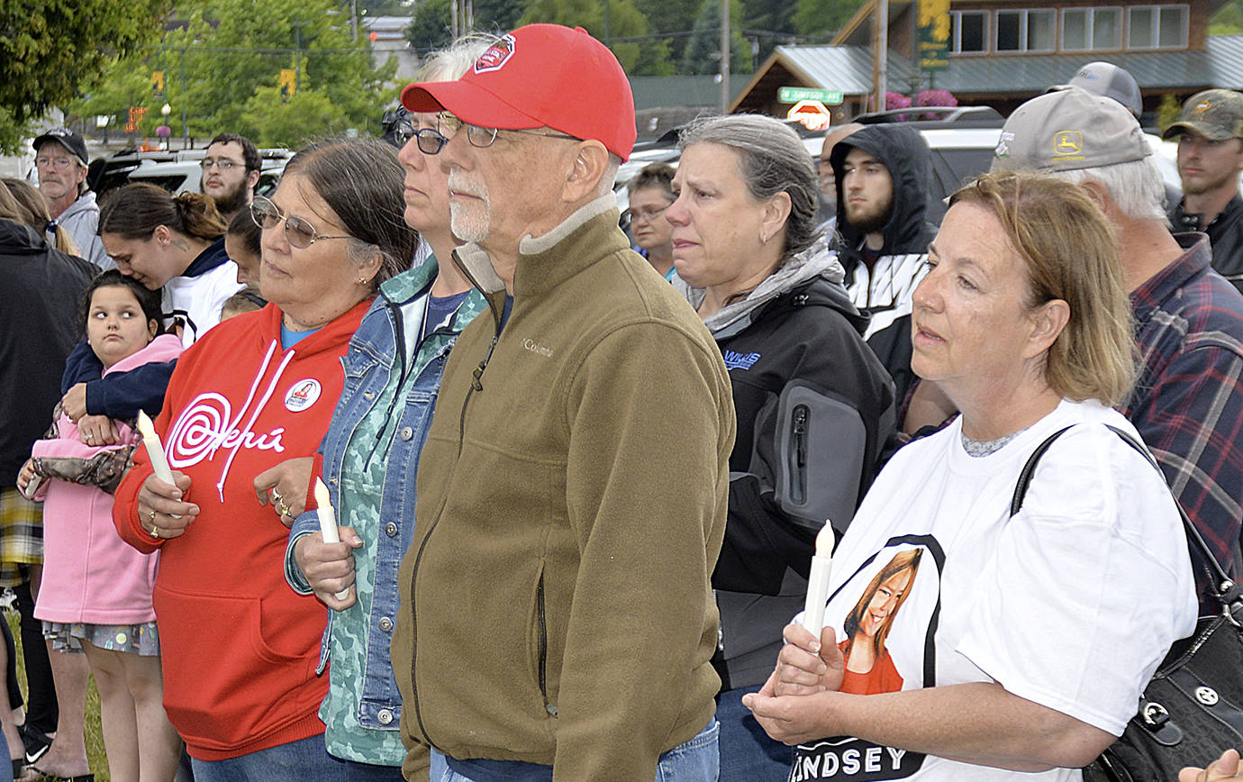 DAN HAMMOCK | GRAYS HARBOR NEWS GROUP                                Dozens of community members attended the dedication of the Lindsey Baum remembrance garden Wednesday at Beerbower Park in McCleary. Wednesday was the 10-year mark of Lindsey’s disappearance.