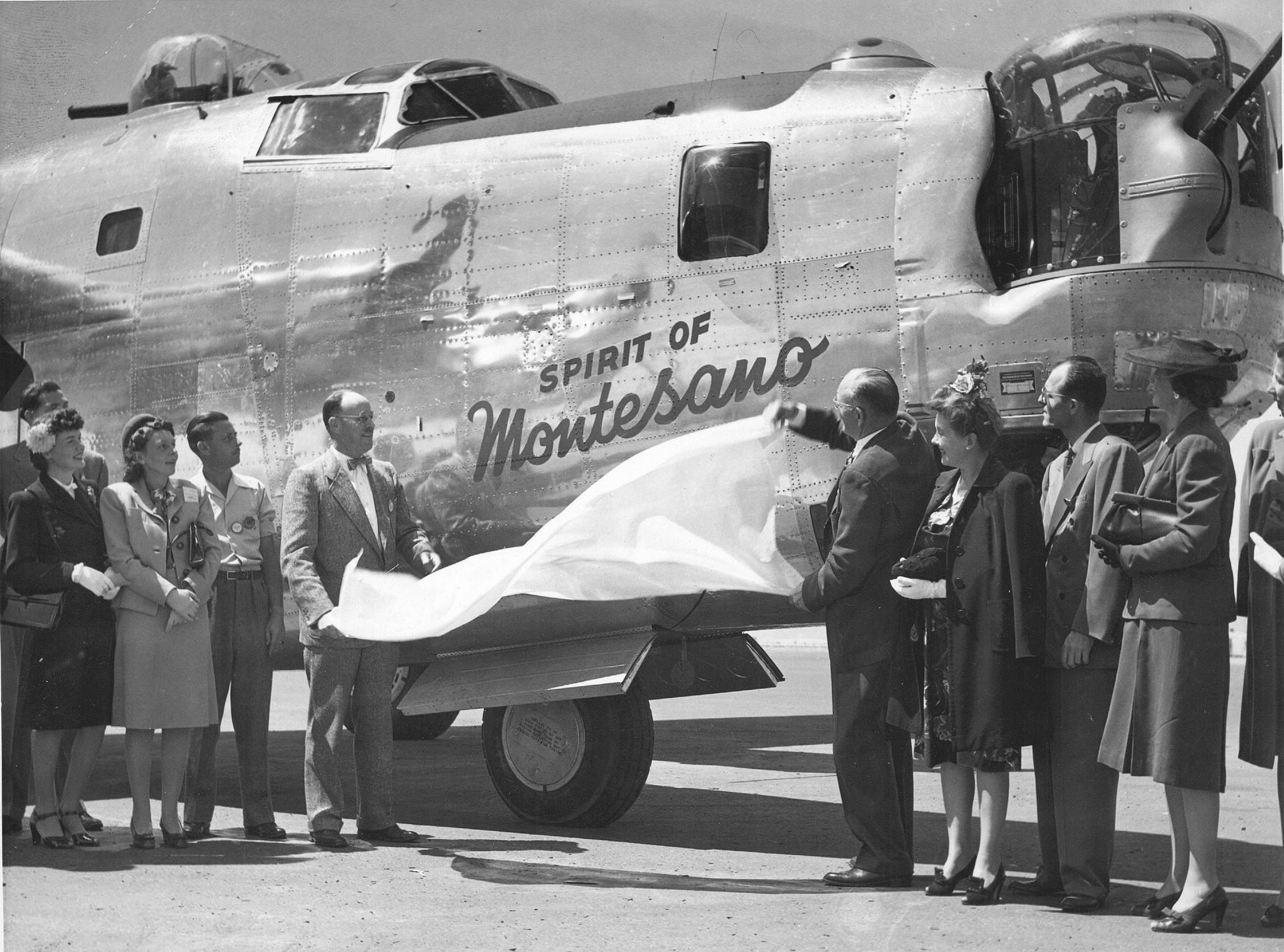 The naming ceremony for the Spirit of Montesano is held circa 1945 at Lindbergh Field in San Diego. (The Vidette files)