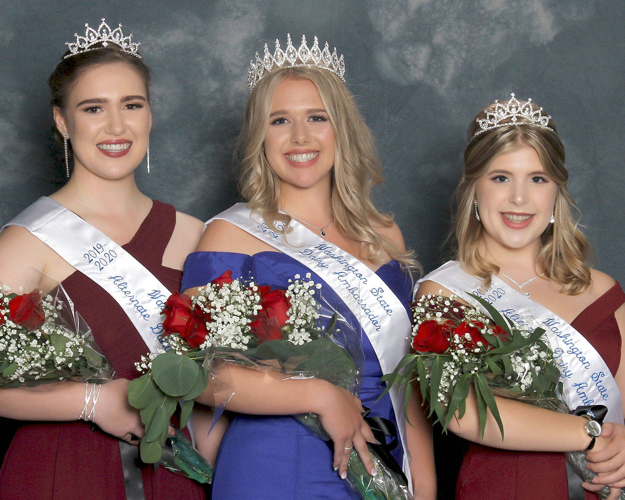 Kara Teachman, Kayla VanWieringen, Emily Rockey pose for a photo after being coronated by the Dairy Farmers of Washington to be representatives of the association. VanWieringen of Yakima Valley is the 2019 Washington State Dairy Ambassador. Rockey of Elma and Teachman of Seattle-Pierce counties were named as equal alternates. (Photo courtesy Washington State Dairy Ambassador Program)