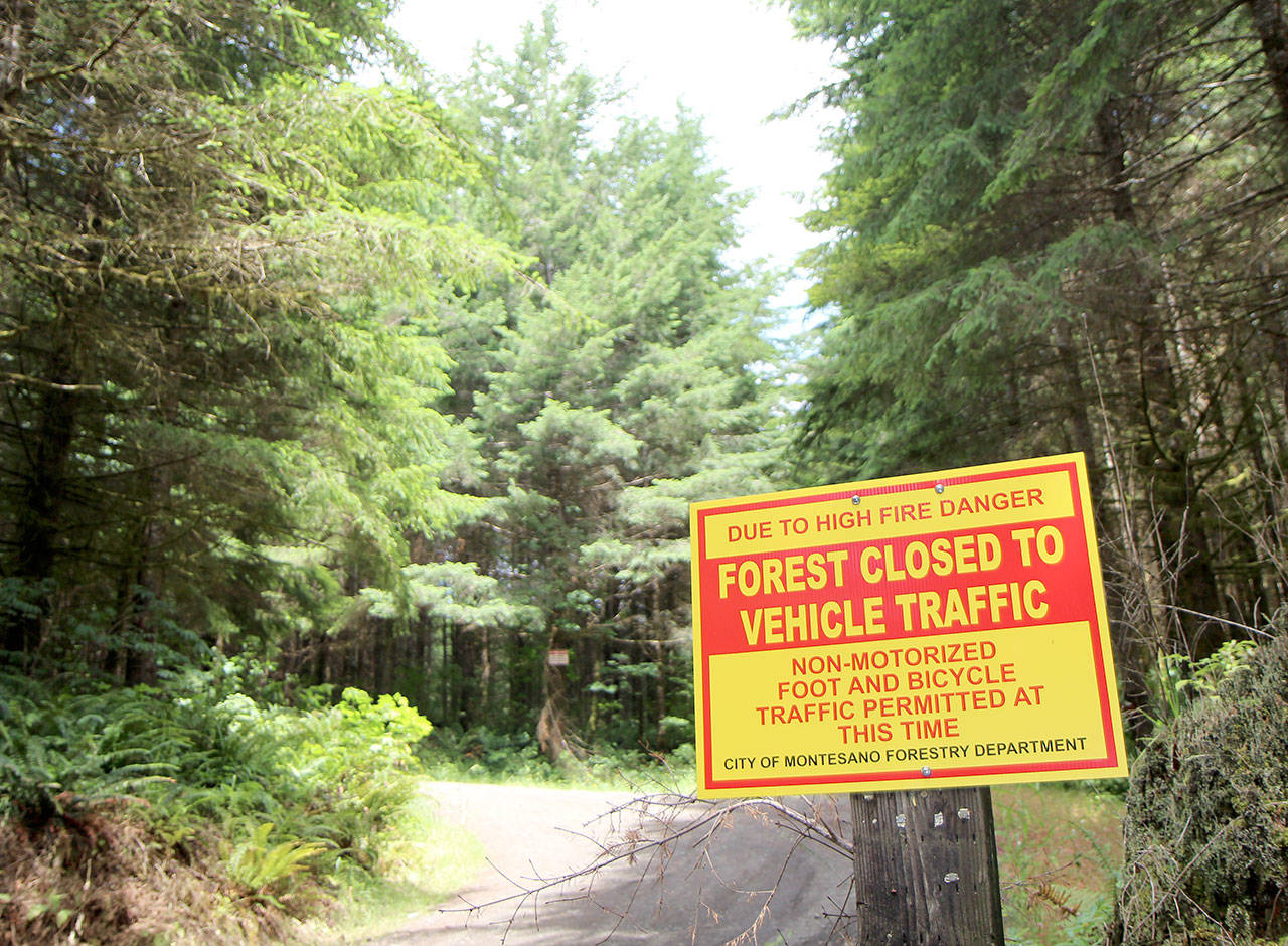 A sign is posted Friday, July 12, 2019, at the locked gate on the road to access the Montesano city forest. The city has decided to block vehicle traffic into the forest for the time being. (Michael Lang | Grays Harbor News Group)