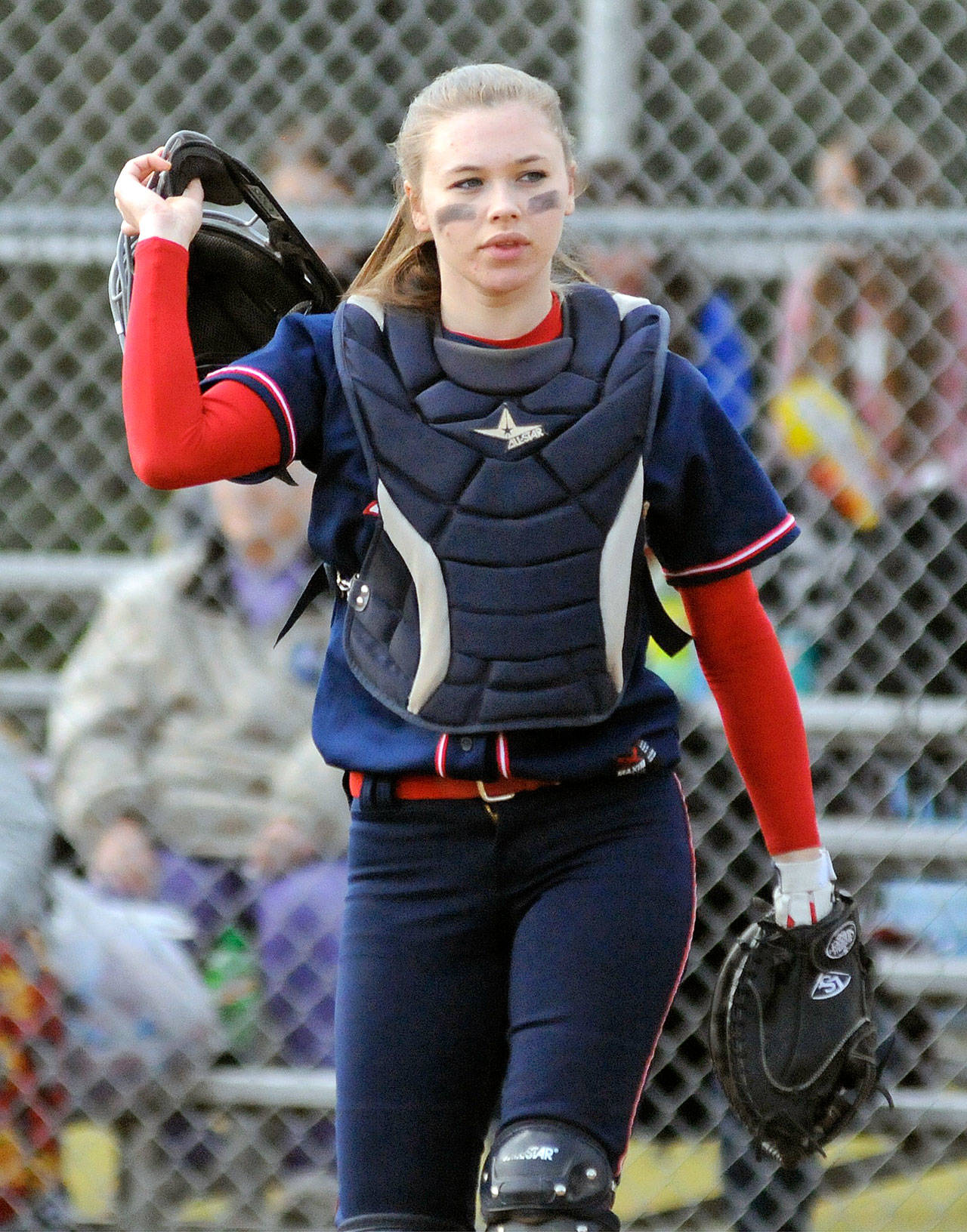 PWV catcher Grace Hodel, seen here in a game against Ocosta earlier this season, was one of five Titans named to the 2B All-State First Team on Tuesday. (Ryan Sparks | Grays Harbor News Group)