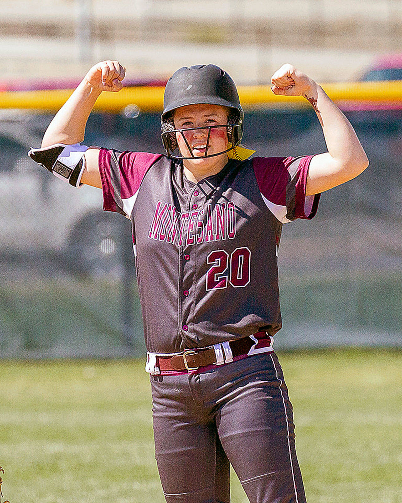 Montesano’s Lindsay Pace flexes after picking up a base hit in the state championship game in May. Pace was named the 1A State Player of the Year on Tuesday. (Photo by Shawn Donnelly)