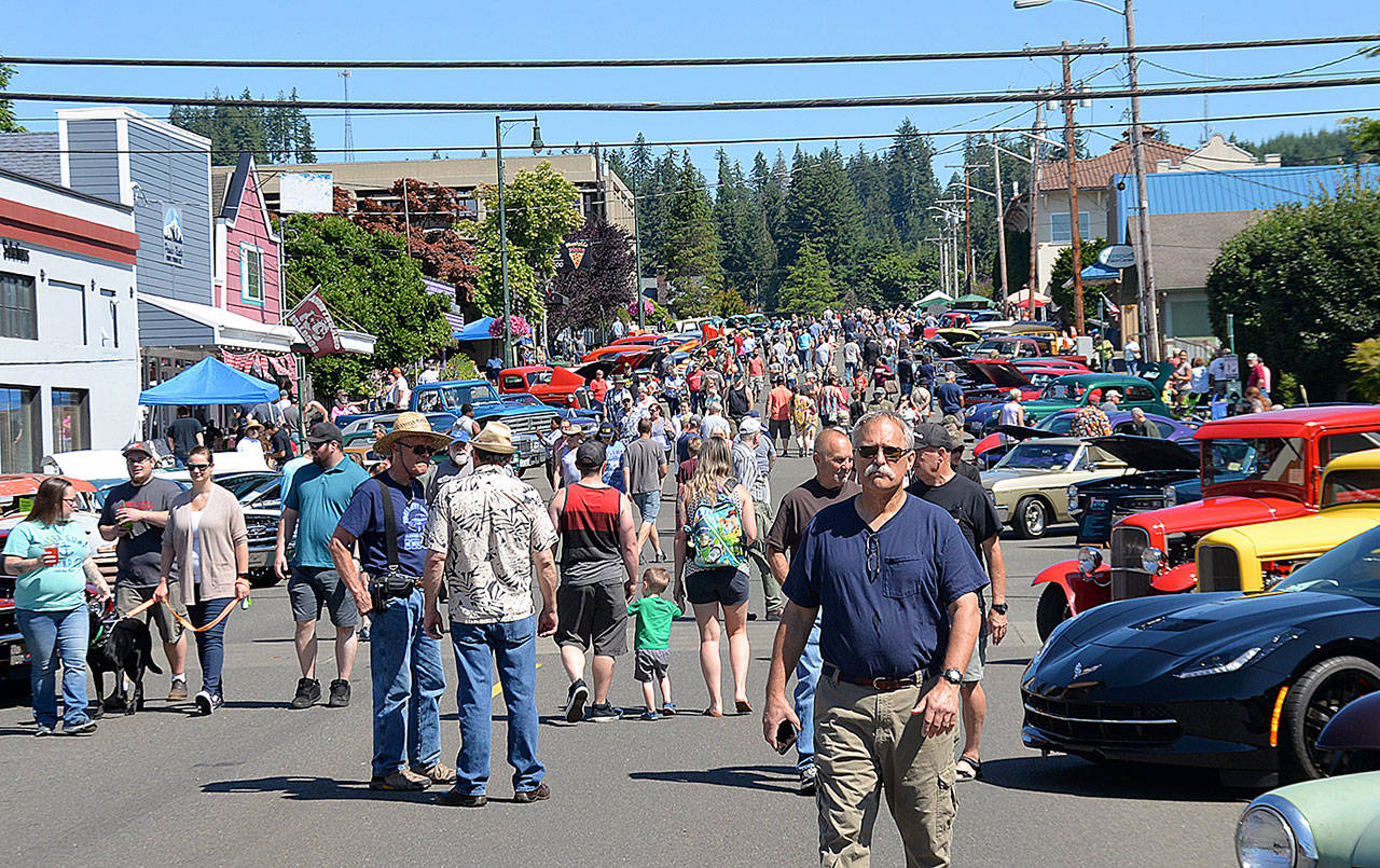DAN HAMMOCK | GRAYS HARBOR NEWS GROUP                                Main Street in Montesano was packed well into Saturday afternoon for the Historic Montesano Car Show. There were 248 entries this year, up from last year, and the show covered North and South Main streets, and several blocks of Broadway. At the same time, the Saturday Market was going on West Marcy Avenue, where it moved to make room for the bounce houses and other kids’ entertainment that took over Fleet Park for the day.