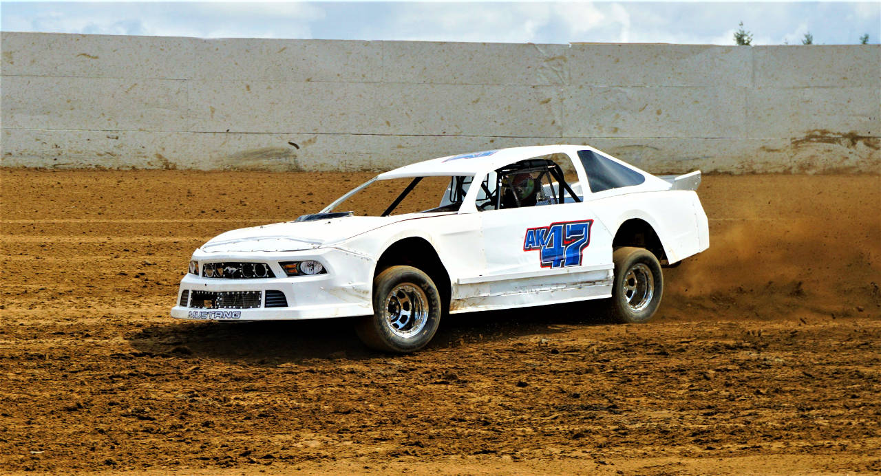 Austin Kerrigan drives his AK47 street stock racecar to victory in the 50 lap Iron Man feature race on Saturday at Grays Harbor Raceway in Elma. (Photo by AR Racing Videos)