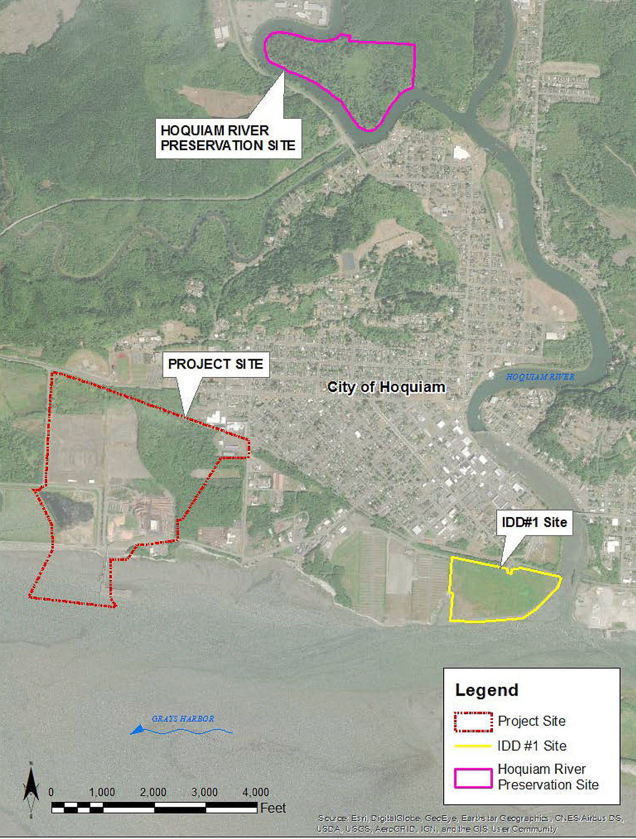COURTESY BHP                                 BHP is proposing three wetlands mitigation sites in its revised shorelines permit application with the City of Hoquiam. This map shows two of them, a site at the west side of the mouth of the Hoquiam River and another about two miles upriver.