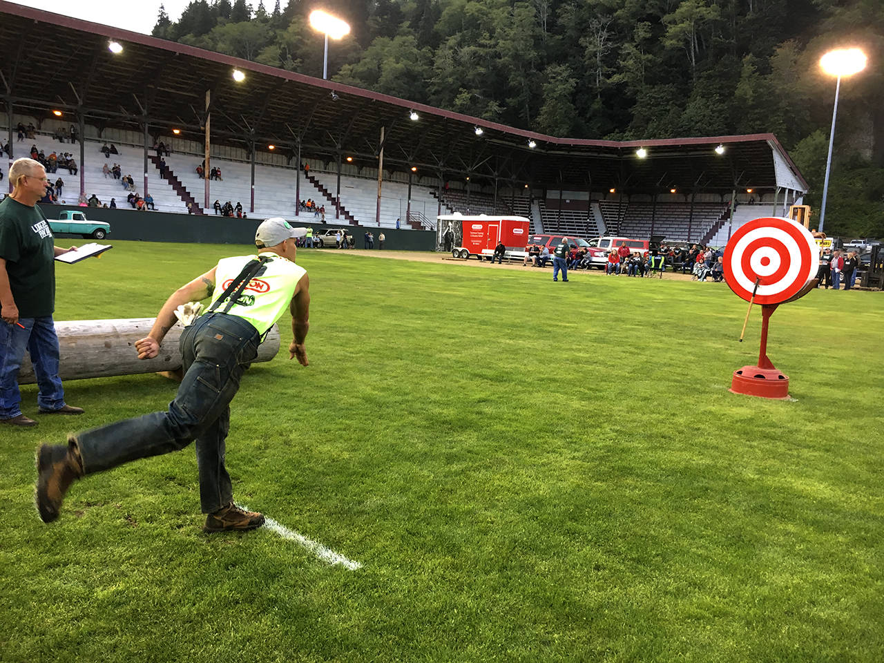 Kat Bryant | The Daily World                                Local logger Johnny Boggs took third in the Ax Throw and ended the night as High Point Logger during last year’s Loggers Playday activities.
