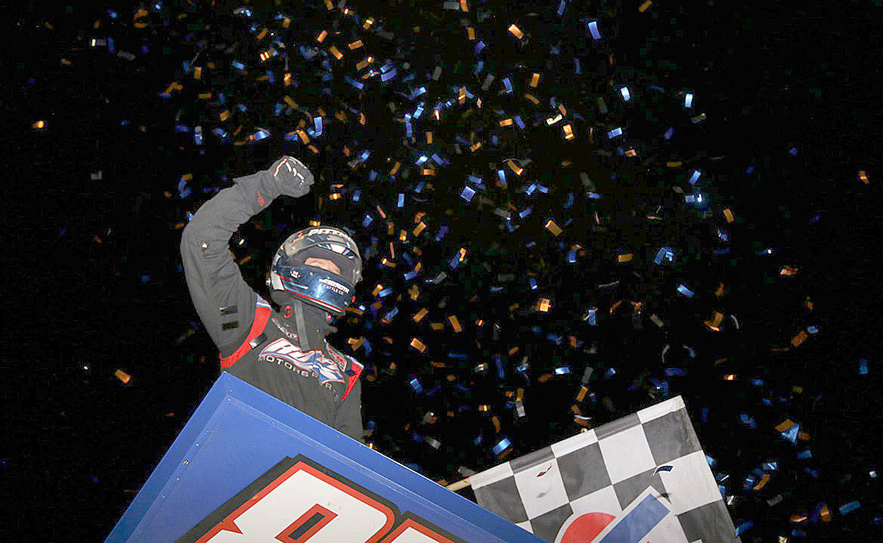 Photo courtesy World of Outlaws                                Daryn Pittman celebrates his World of Outlaws NOS Energy Drink Sprint Car Series victory Monday night in Elma.