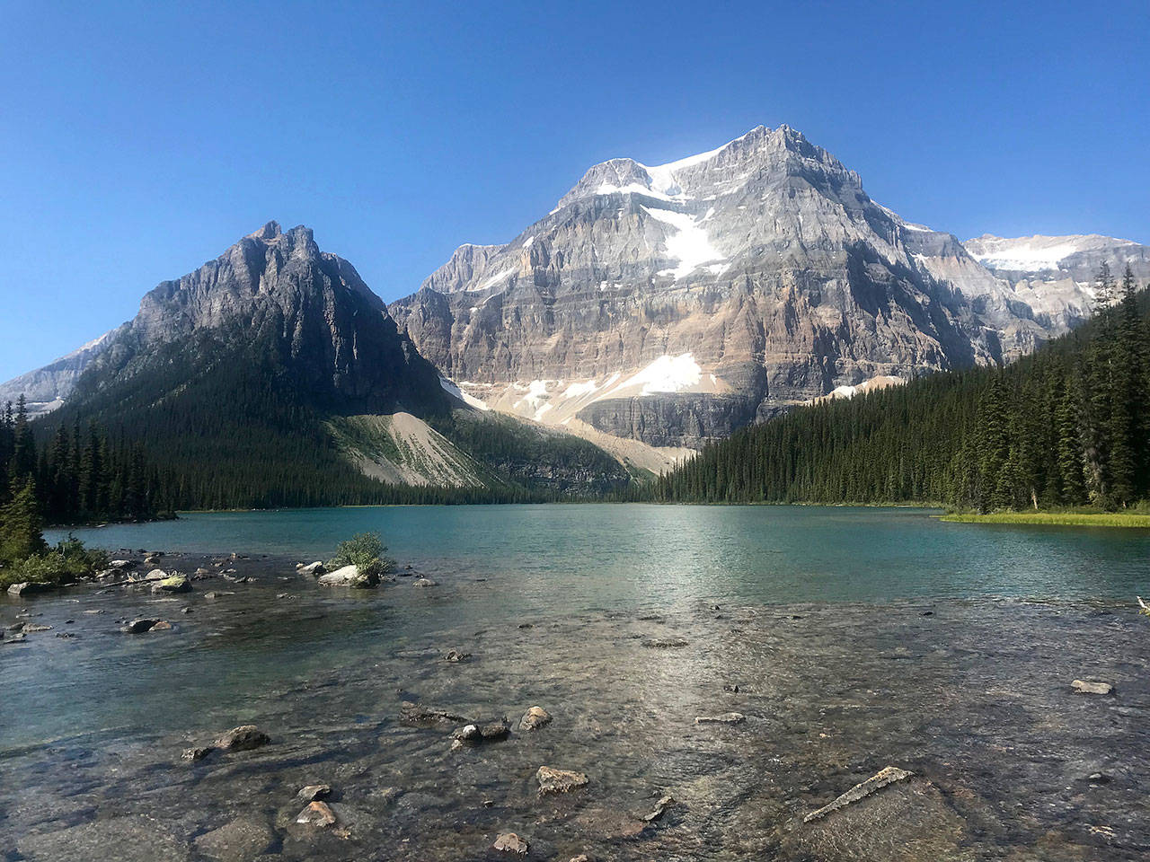 Photos by Louis Krauss | Grays Harbor News Group                                Day One: Shadow Lake in Banff National Park, with Mount Ball rising behind it, was a major highlight of the four-day hike. Below, Day Three: Haiduk Lake.