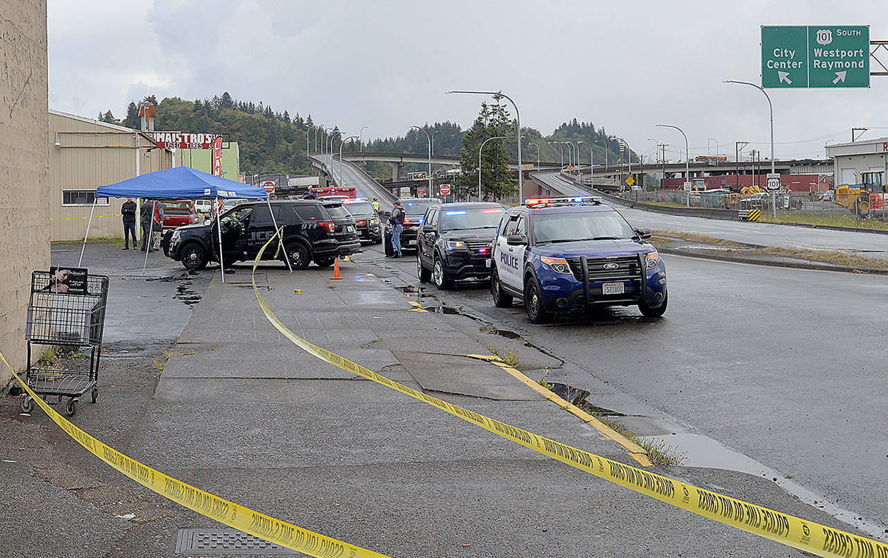 Multiple agencies investigate an officer-involved shooting on West State Street near the Chehalis River Bridge on-ramp early Monday afternoon.