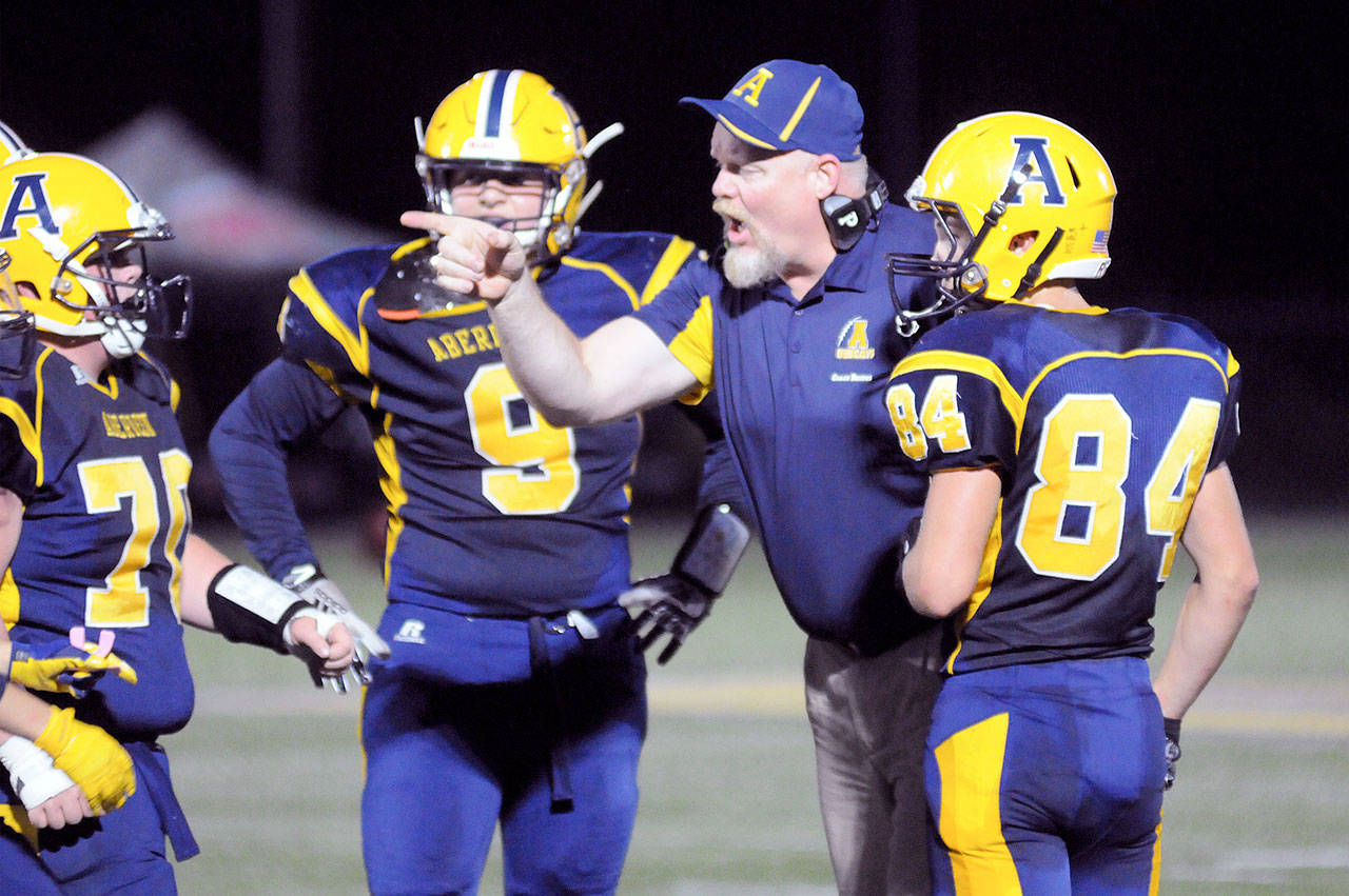 Aberdeen head coach Todd Bridge coaches his team during last Friday’s win over Elma. Aberdeen travels to Kelso to take on the undefeated Highlanders on Friday. (Ryan Sparks | Grays Harbor News Group)