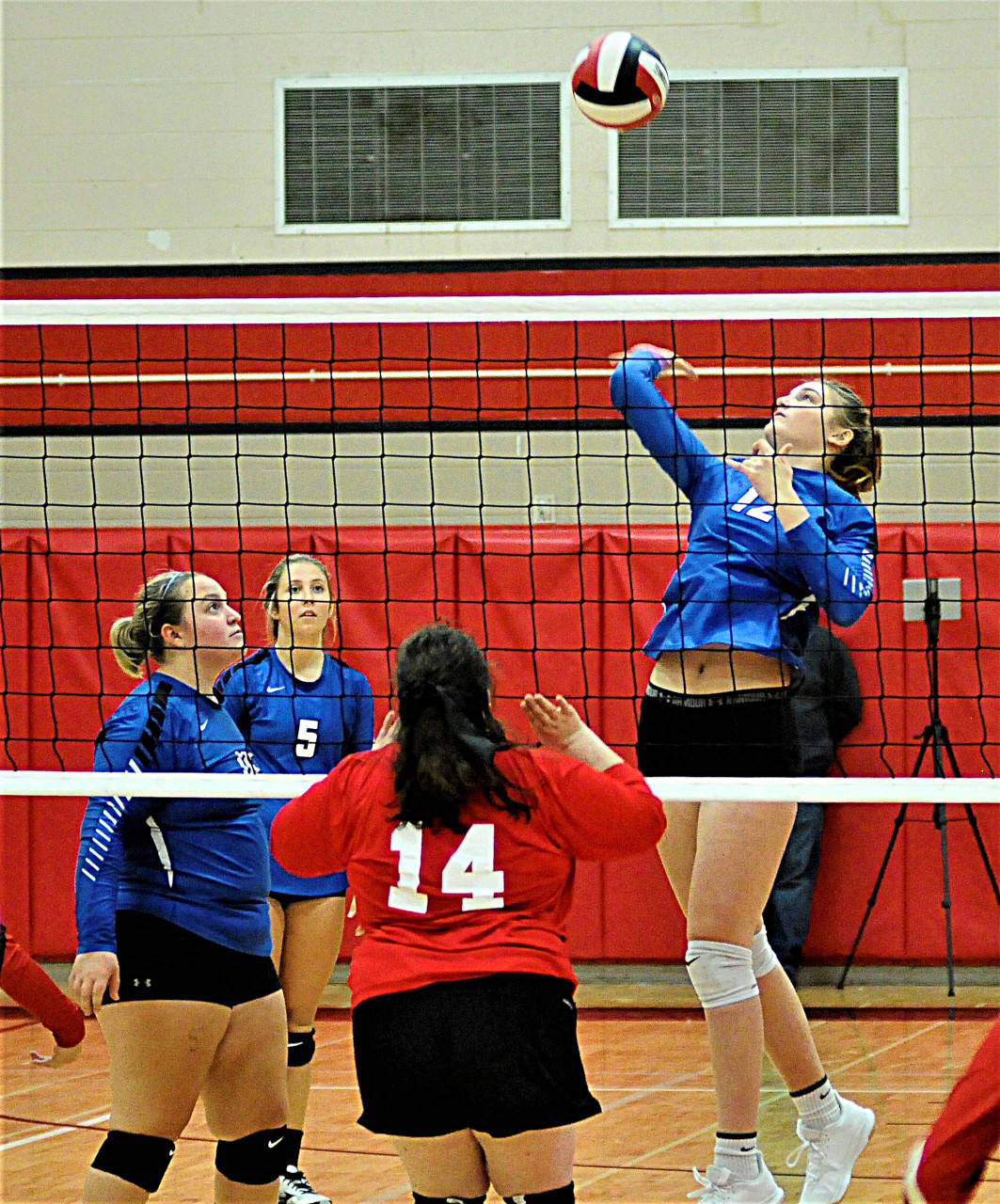 Jalyn Sackrider gets a kill against Tenino on Thursday. Sackrider was tied for the team lead in kills with 10 in the Eagles’ 3-0 win over the Beavers. (Hasani Grayson | Grays Harbor News Group)
