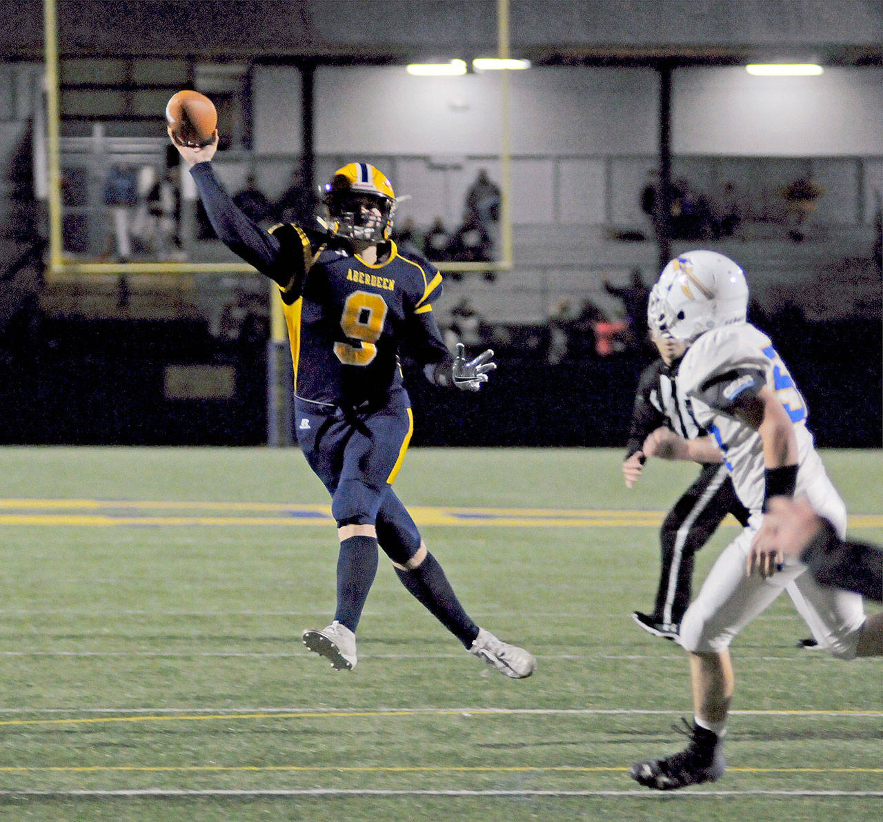 Aberdeen quarterback Elijah Brown (9) attempts a pass during the Bobcats’ 50-6 victory over Rochester on Friday at Stewart Field. (Ryan Sparks | Grays Harbor News Group)