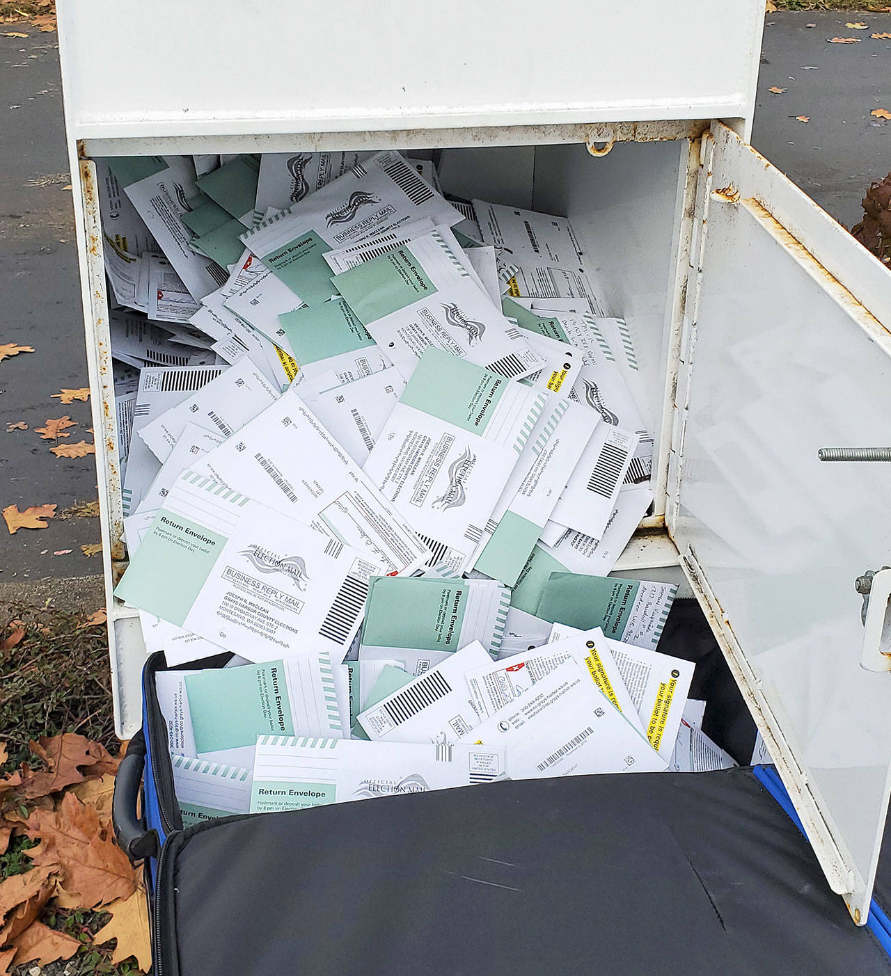 The ballot box in Hoquiam was so full Tuesday, Nov. 5, 2019, that the Auditor’s Office needed to make a special trip out to empty it. (Photo courtesy Joe MacLean, Grays Harbor County auditor)