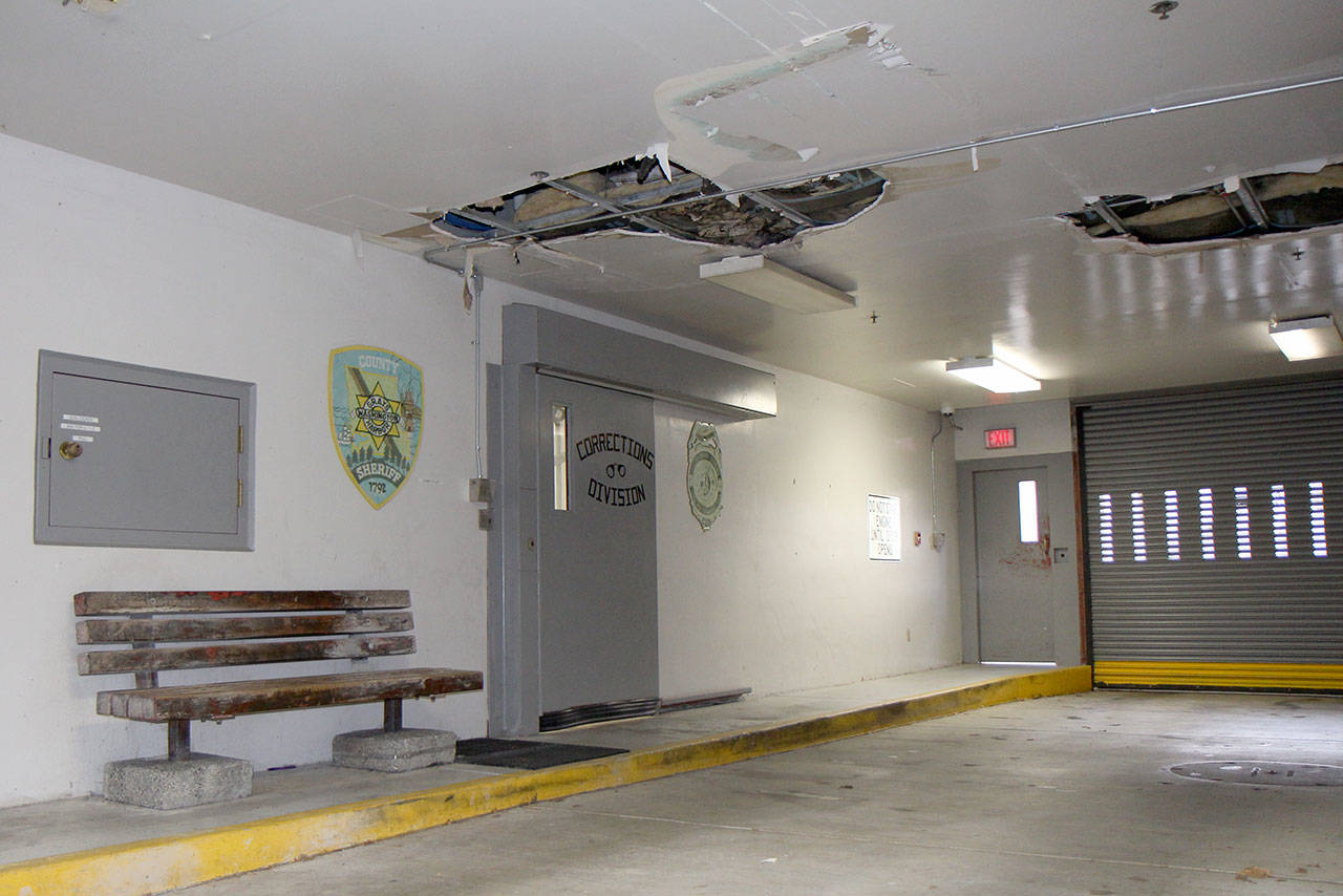 Water damage can be seen Friday (Nov. 15, 2019) in the roof of the sally port at the Grays Harbor County Correctional Facility in Montesano. (Michael Lang | Grays Harbor News Group)
