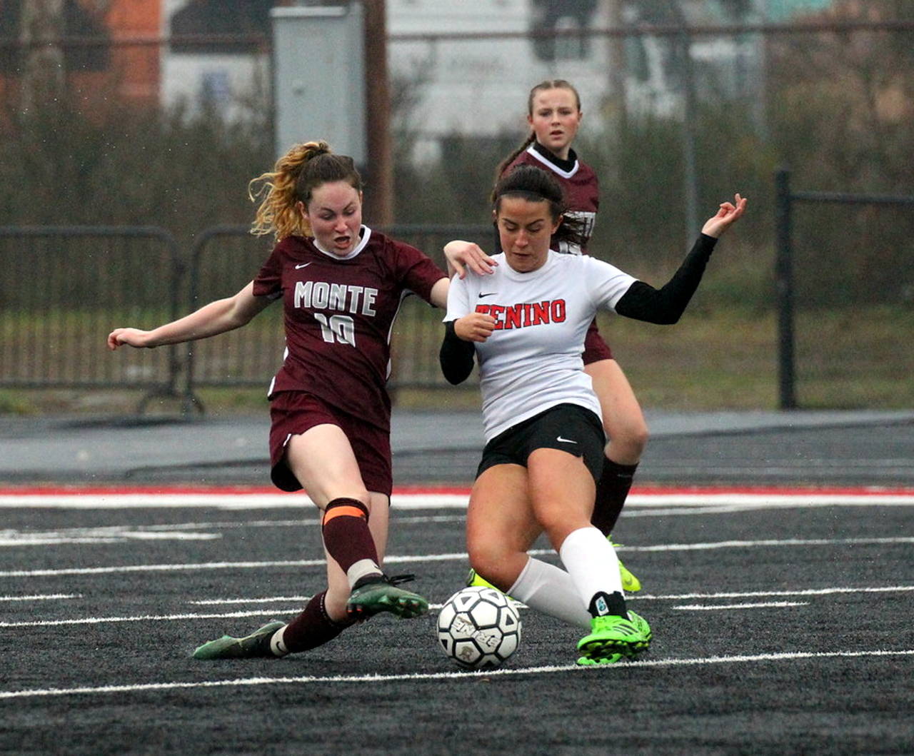 Montesano’s Brooke Streeter (10) contests Tenino’s Iris Campesino for possession during the 1A District IV championship game on Saturday in Tenino. (Photo by Shawn Donnelly)