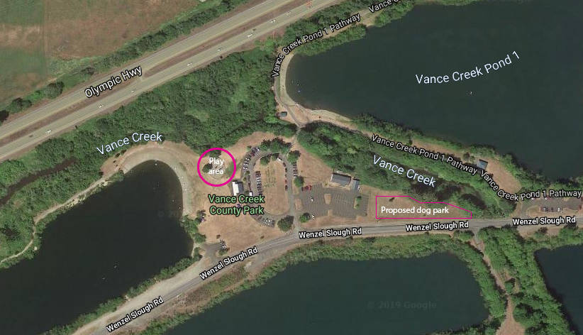 (Google Maps) The proposed playground replacement and dog park areas at Vance Creek County Park in Elma.