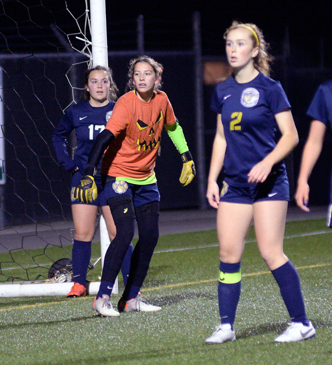 Aberdeen soccer players Emmy Walsh (2), Char Gutierrez, middle, and Brooklynn Lecomte, left, earned 2A Evergreen All-League honors last week. Walsh and Lecomte were named to the First Team while Gutierrez earned a second-team goalkeeper nod. (File photo)