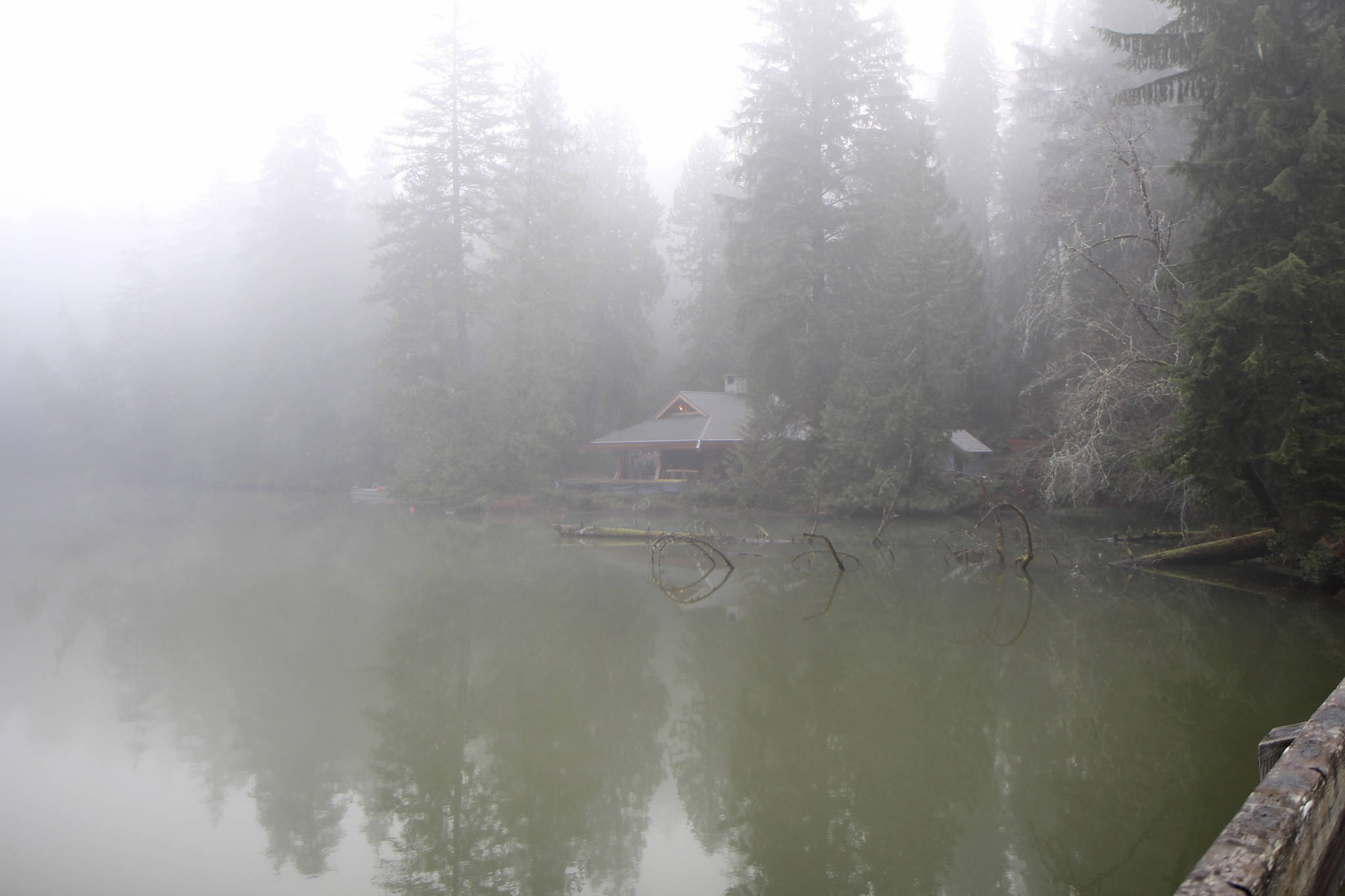 Michael Lang | Grays Harbor News Group                                A layer of fog shrouds the new pavilion Monday, Dec. 23, 2019, at Lake Sylvia State Park in Montesano.