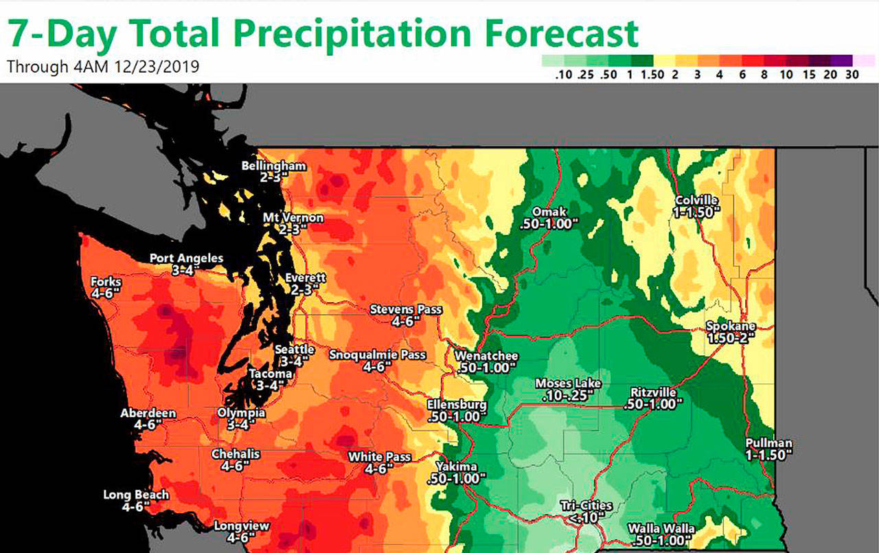 COURTESY NATIONAL WEATHER SERVICE SEATTLE                                Up to six inches of rain could fall in Grays Harbor and Pacific counties through the weekend, possibly more over the Olympics and Willapa Hills.
