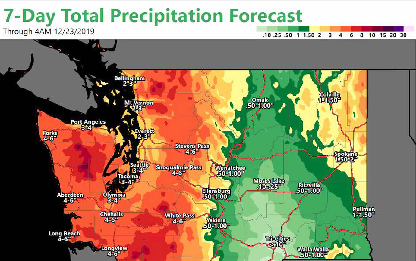 COURTESY NATIONAL WEATHER SERVICE SEATTLE                                Up to six inches of rain could fall in Grays Harbor and Pacific counties through the weekend, possibly more over the Olympics and Willapa Hills.
