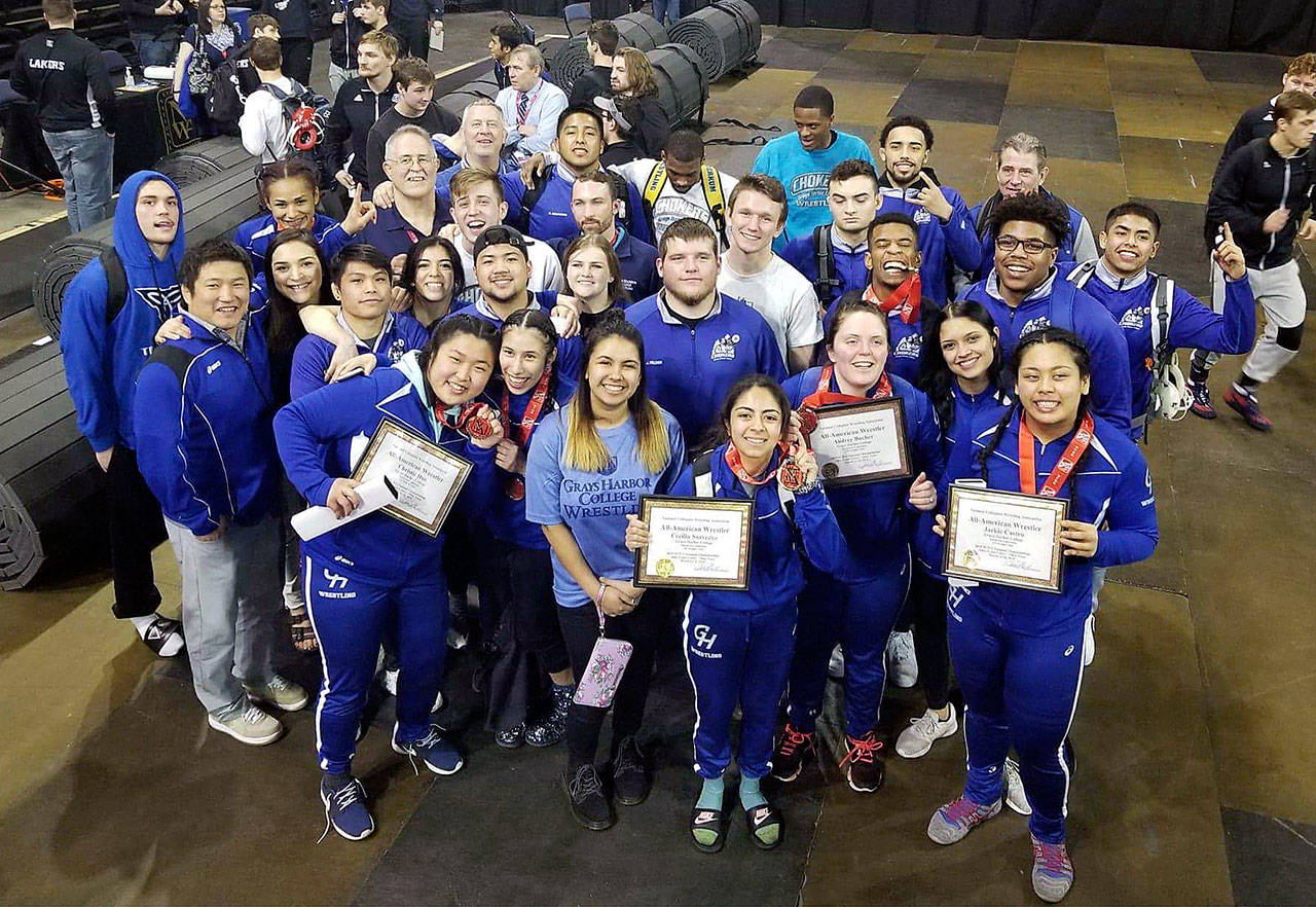 The Grays Harbor wrestling team poses for a photo at the conclusion of the NCWA Nationals in Allen, Texas in March. The Chokers women took the team title while the men’s team placed seventh. (Submitted photo)