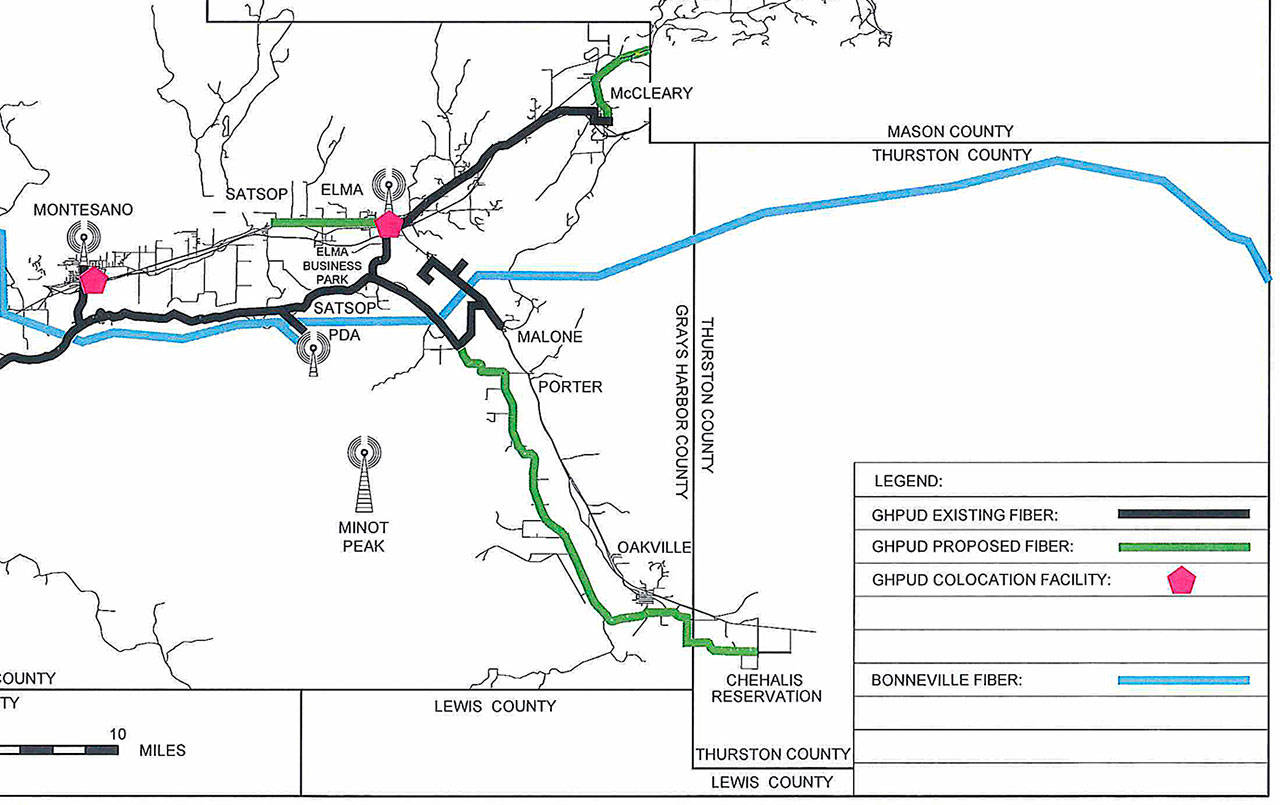 COURTESY GRAYS HARBOR PUD                                This map shows the area between Malone and the Chehalis Indian Reservation, denoted by a green line, where a $50,000 state grant will allow Grays Harbor PUD to conduct a fiber extension feasibility study.