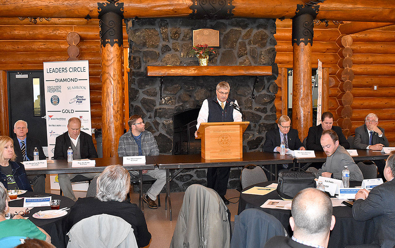 DAN HAMMOCK | GRAYS HARBOR NEWS GROUP                                Ocean Shores City Councilman Jon Martin speaks at the Greater Grays Harbor legislative send-off in Aberdeen on Friday. Seated from left: 19th District Sen. Kevin Van De Wege, D-Sequim; 19th District Rep. Jim Walsh, R-Aberdeen; 19th District Rep. Mike Chapman, D-Port Angeles; 24th District Rep. Steve Tharinger, D-Sequim; 24th District Rep. Brian Blake, D-Aberdeen; and 24th District Sen. Dean Takko, D-Longview.