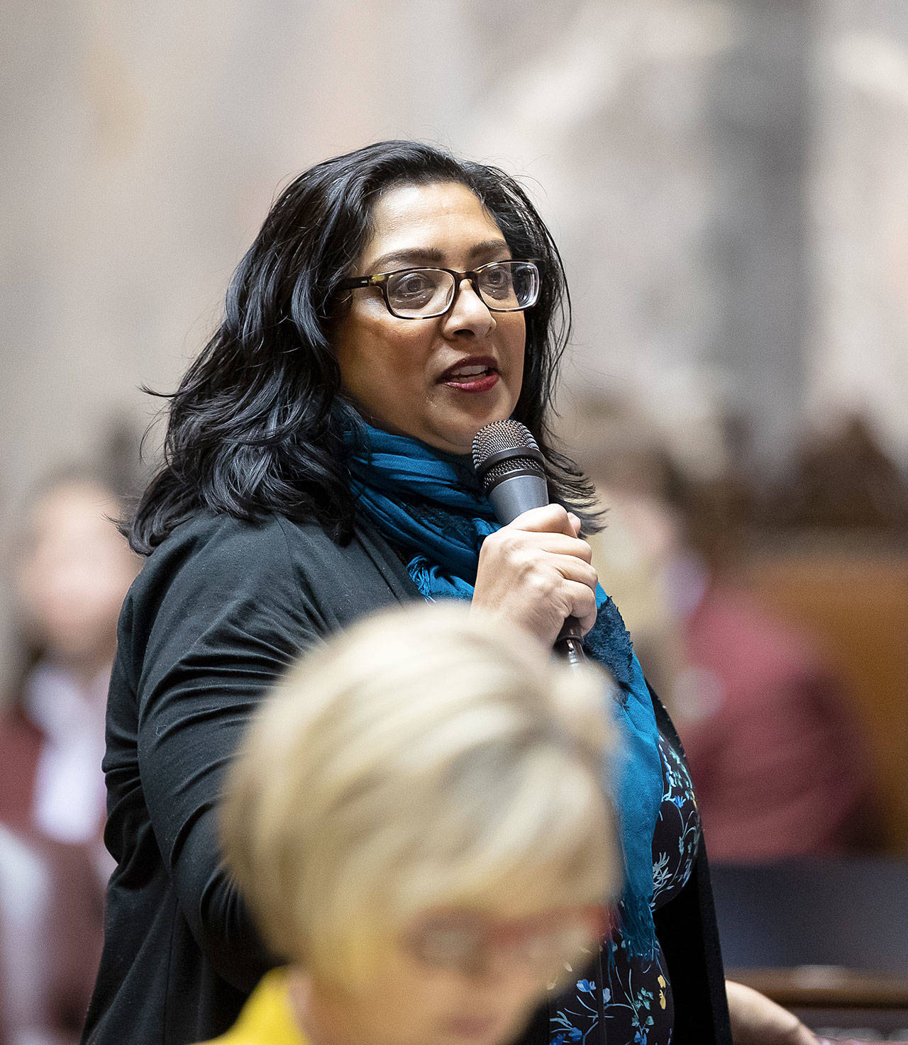 Sen. Mona Das (D-Kent), the primary sponsor of Senate Billl 5323, speaks recently on the Senate floor in Olympia. (Photo courtesy Hannah Sabio-Howell, communications specialist for Sen. Das)