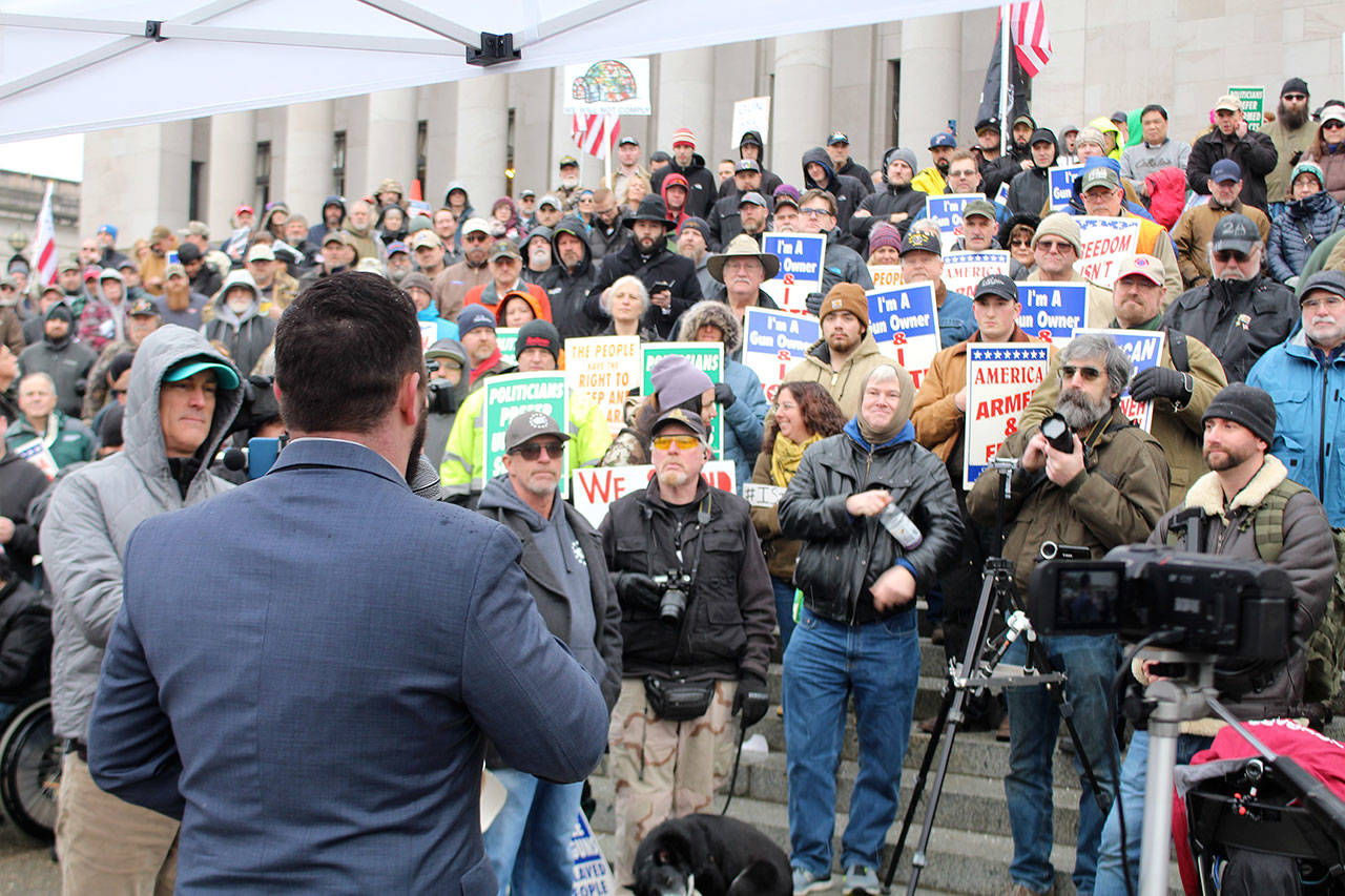 Matt Marshall, leader of the Washington Three Percenters gun rights group, addresses a crowd rallying for Second Amendment rights Friday (Jan. 17, 2020) at the Capitol in Olympia. Marshall condemned Republican leadership in the House of Representatives, which expelled Rep. Matt Shea from the Republican Caucus. Marshall announced his candidacy for the 2nd District seat held by House Minority Leader J.T. Wilcox. (Cameron Sheppard, WNPA News Service)